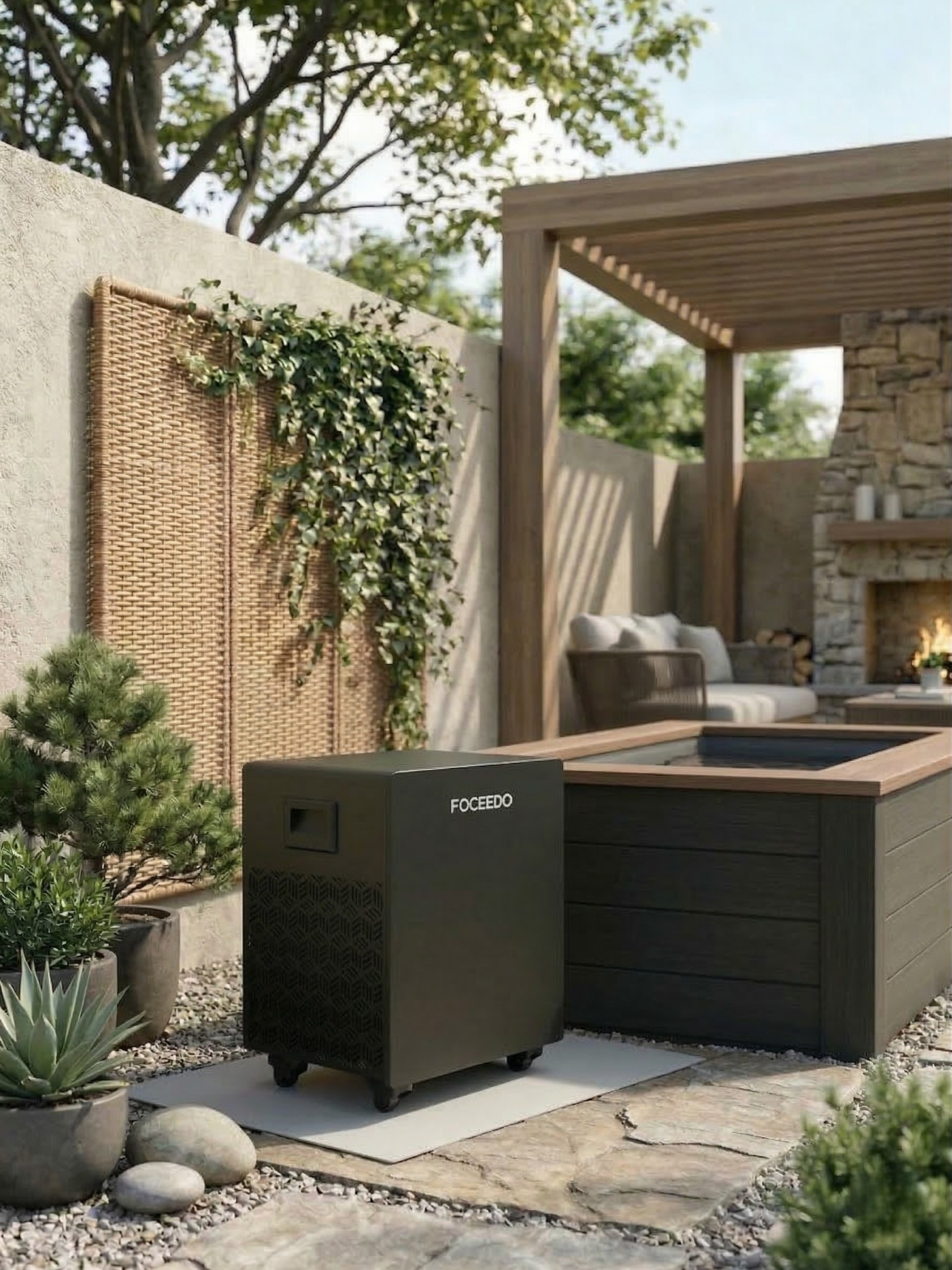 Outdoor patio area with a fire pit table and seating area.
