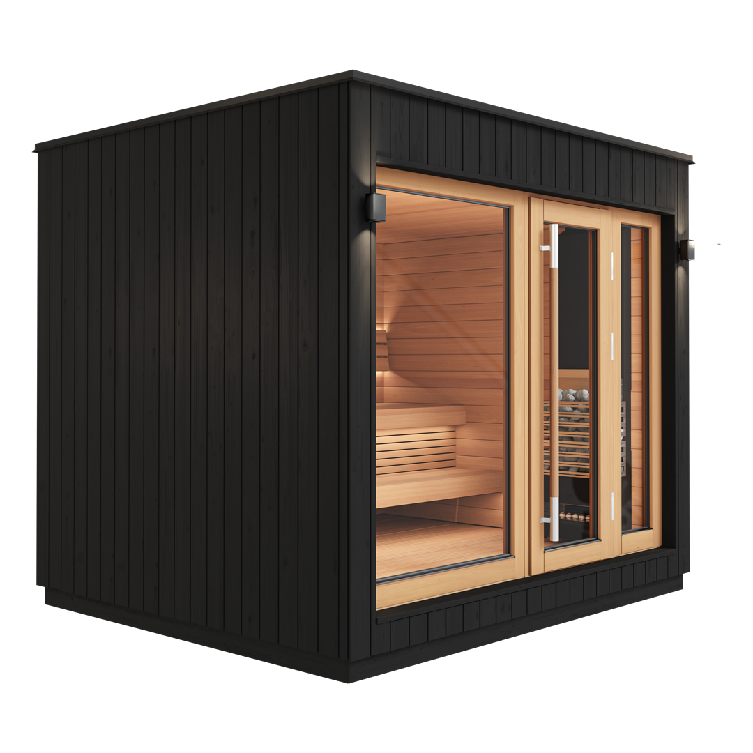 A sleek, modern black sauna with large glass doors and wooden interior. Warm light softly illuminates the benches, creating a cozy, inviting atmosphere.