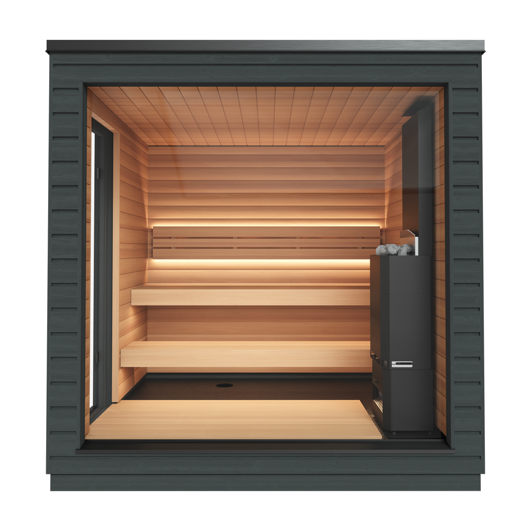 Modern sauna with wood interior and warm lighting, featuring tiered benches and a sleek black heater on the right, creating a serene, inviting ambiance.
