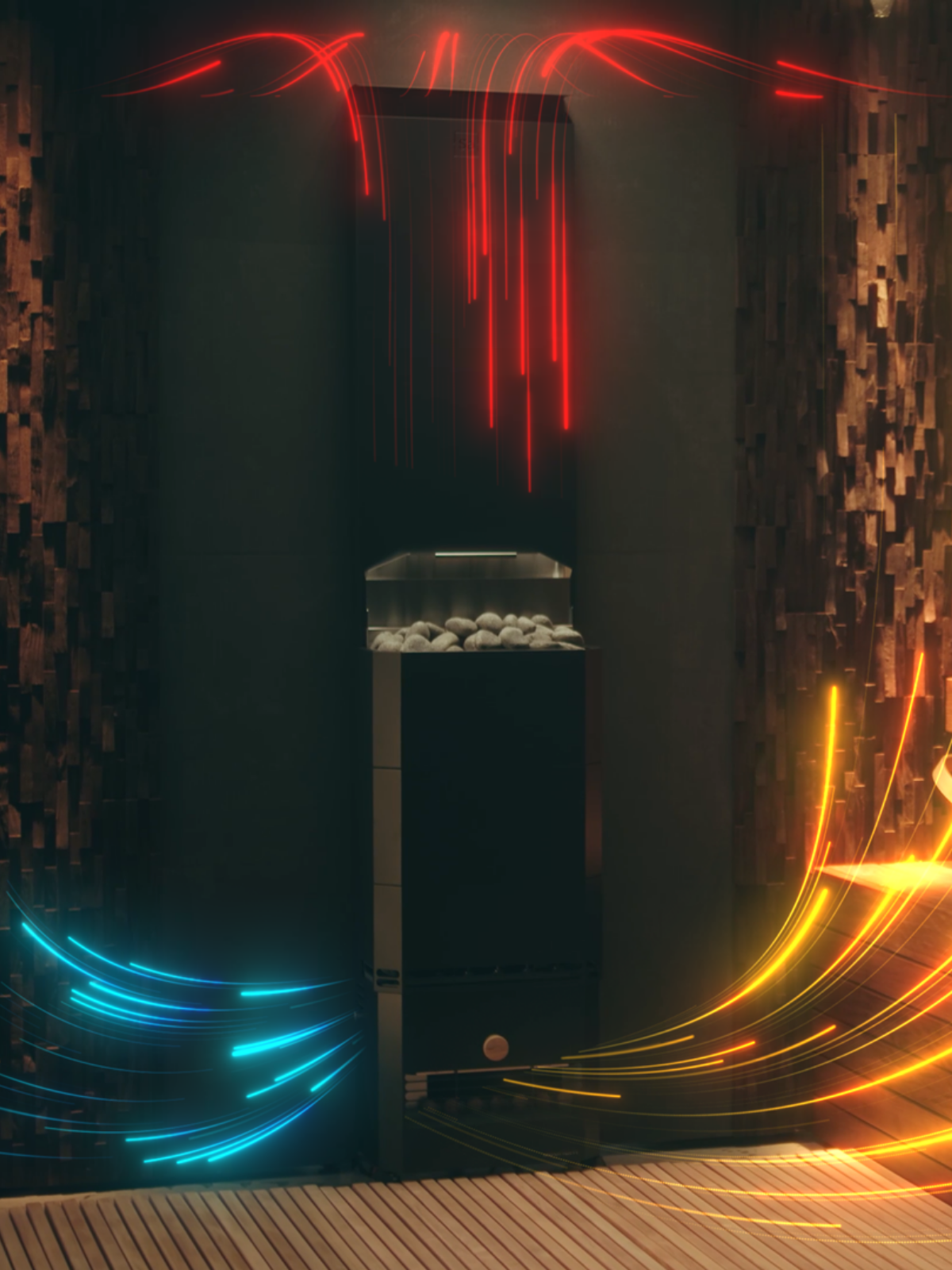 Modern fireplace with decorative lights in a room with wooden walls.