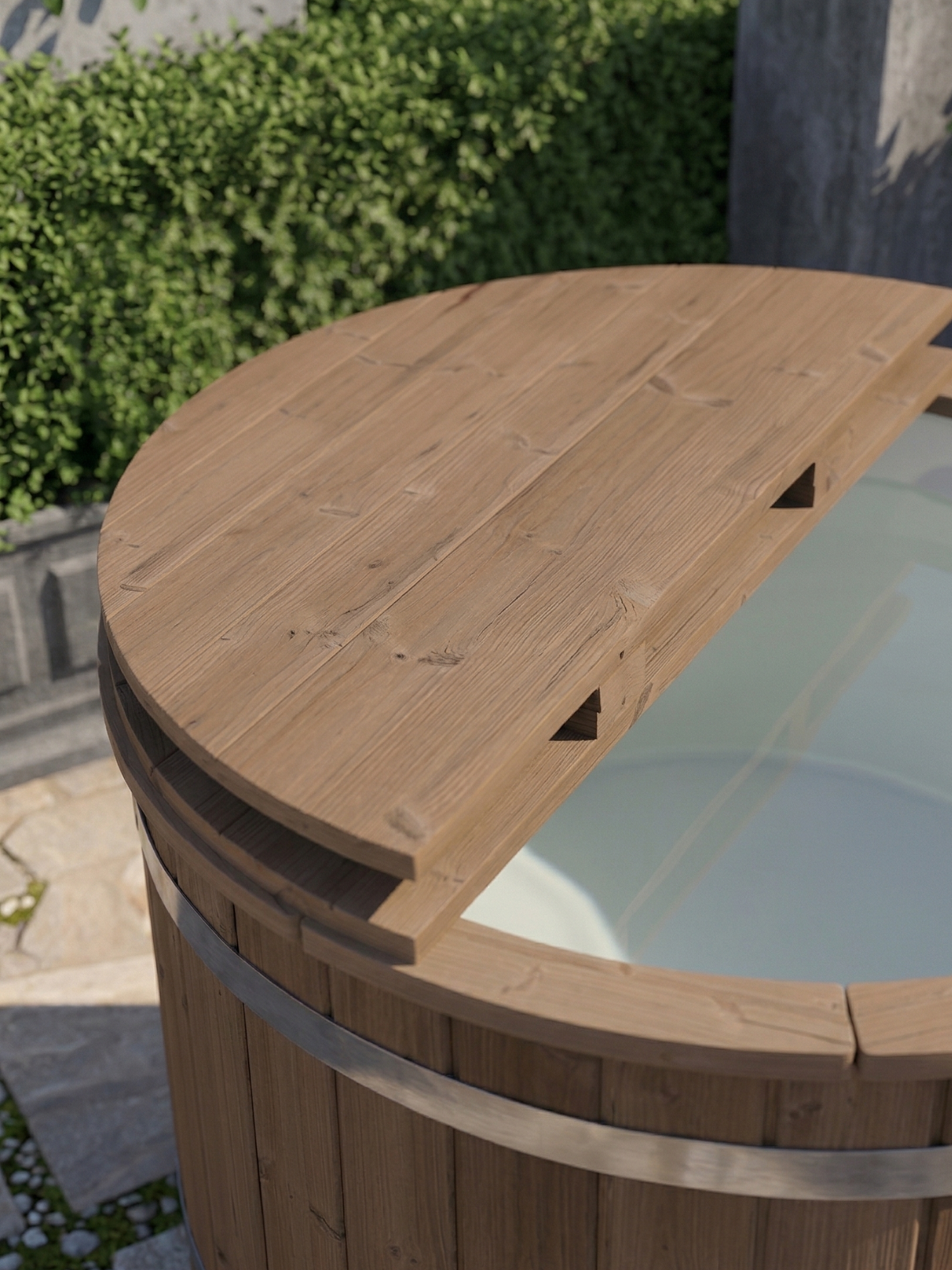 Wooden hot tub with glass door in a garden setting