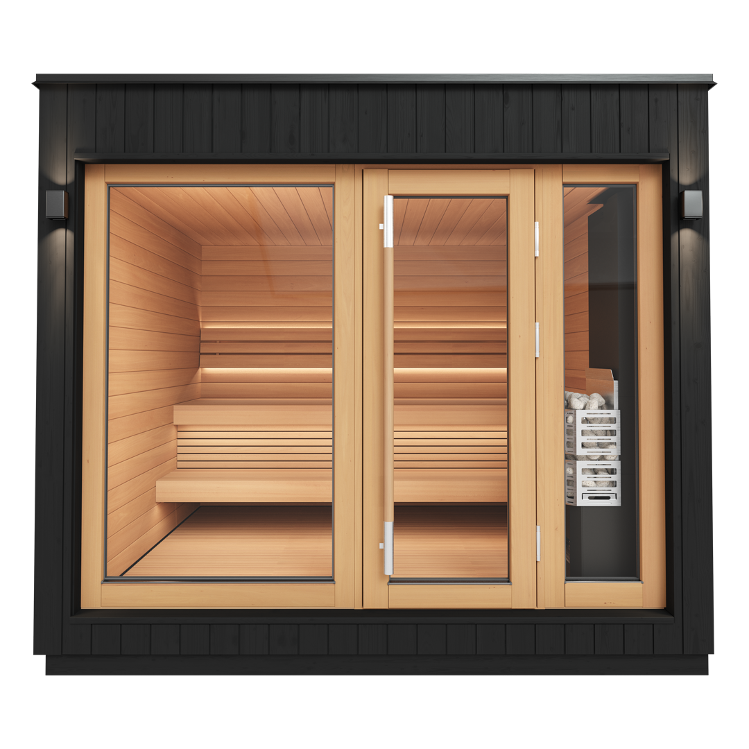 Modern outdoor sauna with a glass front door. Interior features warm wooden benches and walls, creating a cozy atmosphere. Flanked by black exterior.