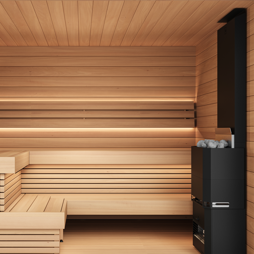 Elegant wooden sauna interior with warm lighting, wooden benches along the walls, and a modern black stove with stones, evoking relaxation and serenity.