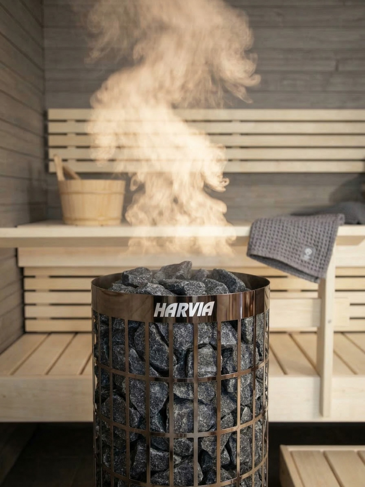 Harvia sauna stove with smoke rising in a wooden sauna setting