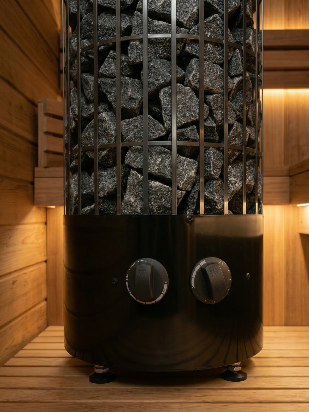 Portable sauna heater with stone grille in a wooden room