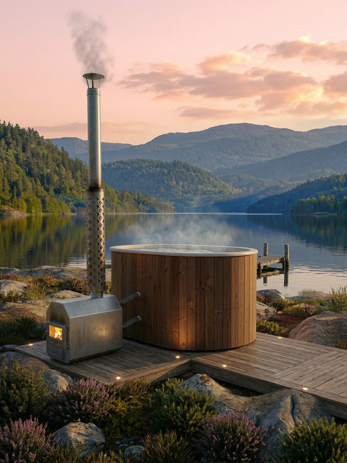 Wood-fired hot tub by a lake with mountains in the background