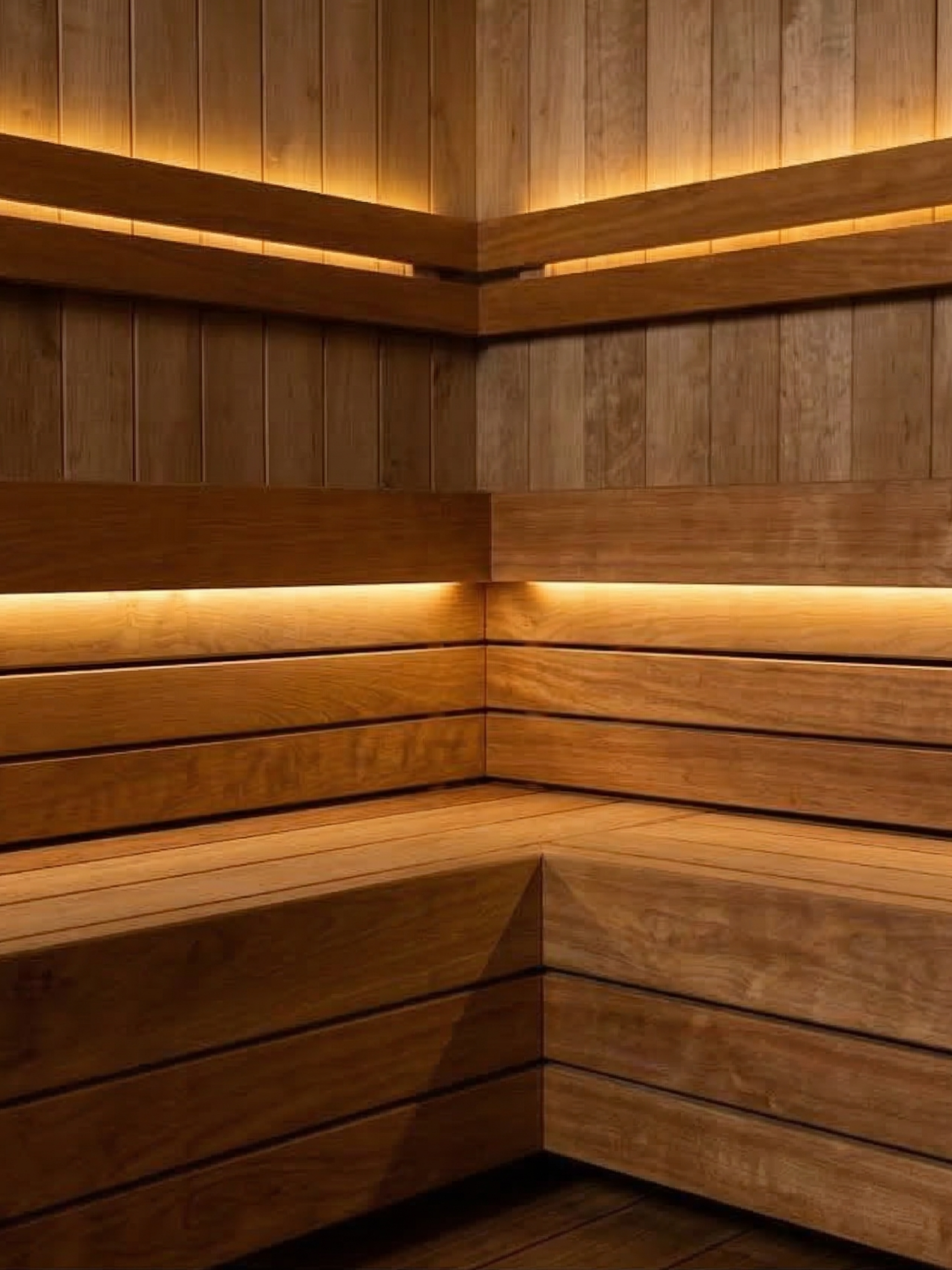 Wooden sauna interior with warm lighting