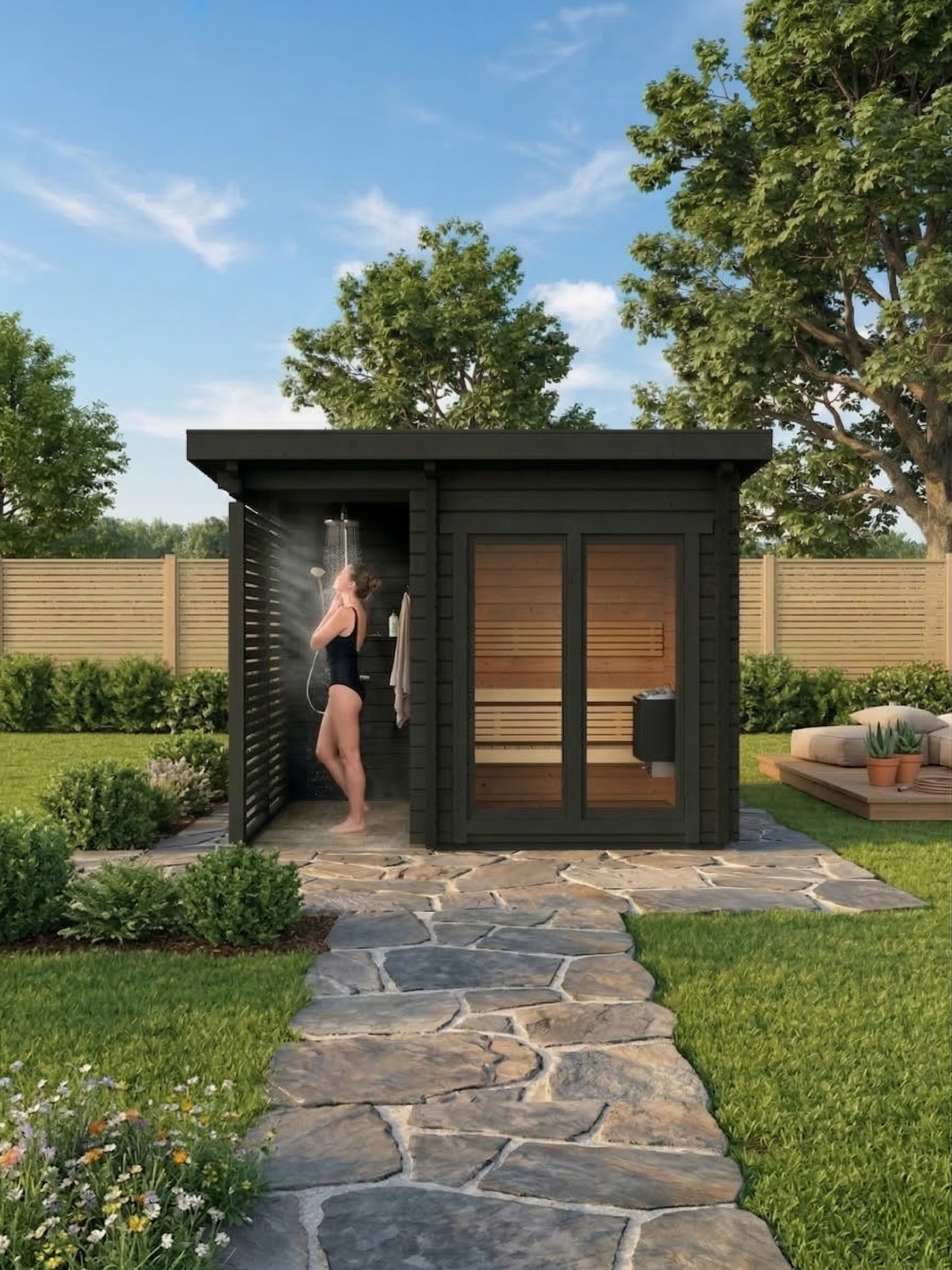Outdoor shower and sauna area in a garden with stone pathway and greenery.