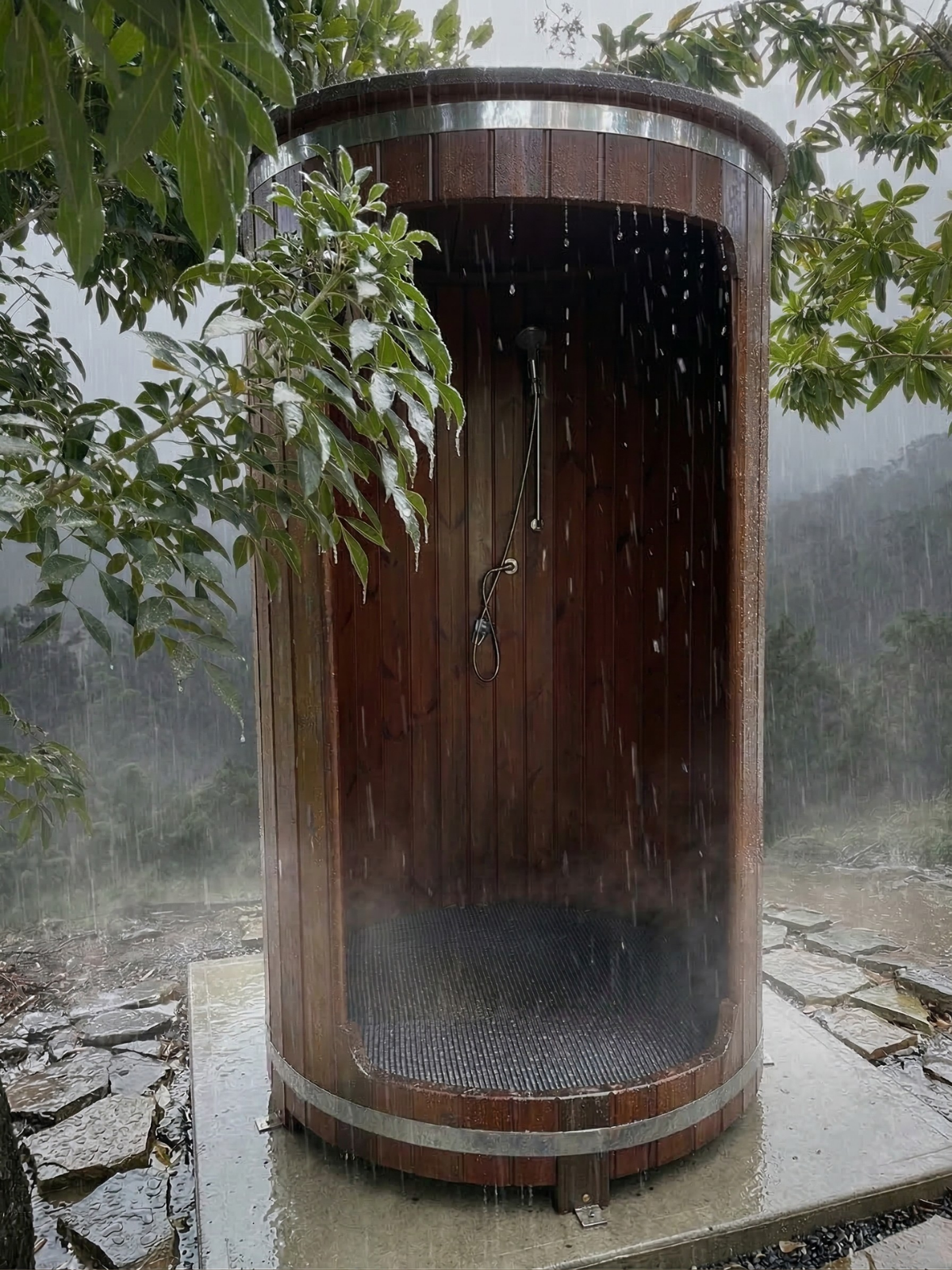 Outdoor shower with wooden enclosure in a natural setting