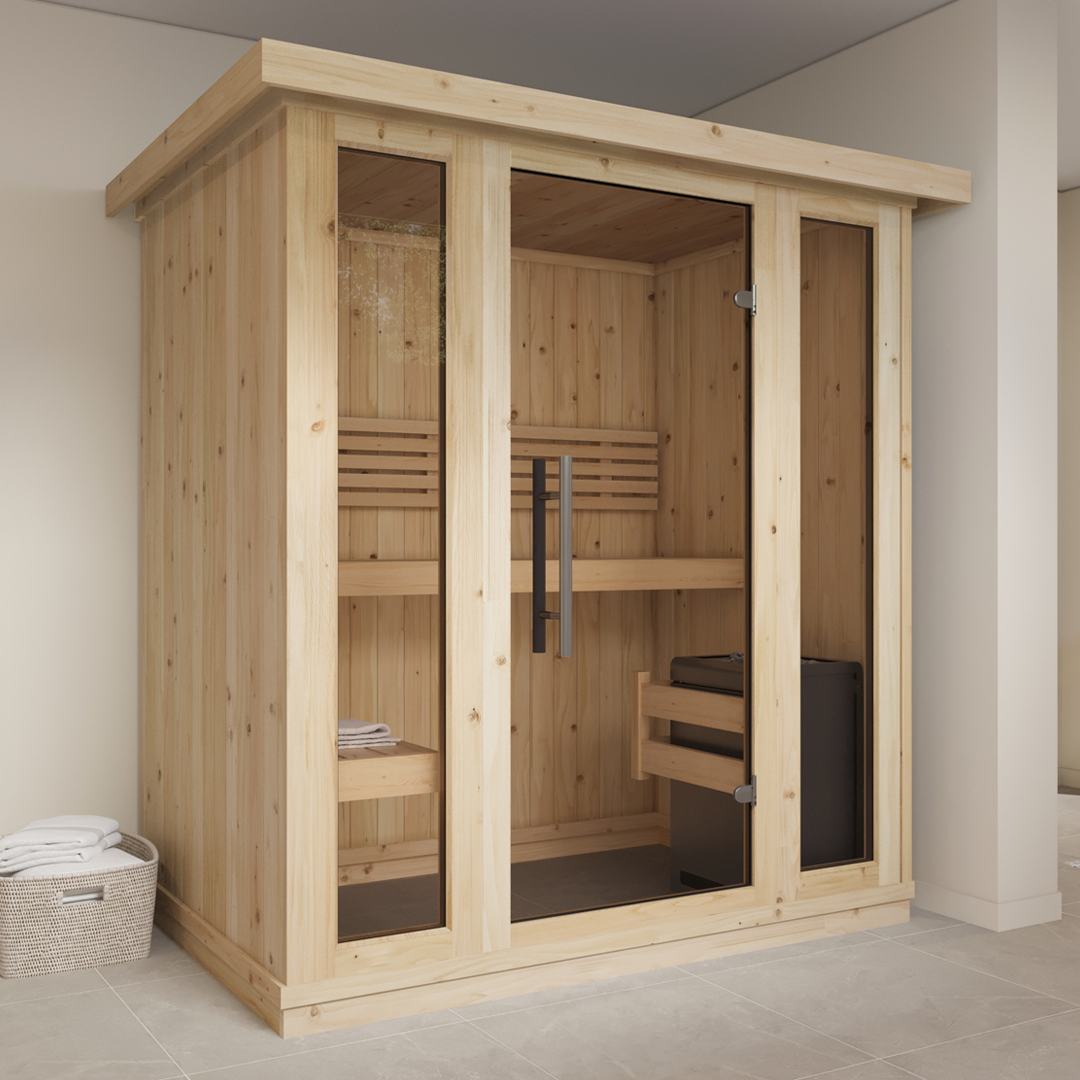 A Harmone Indoor Sauna with clear glass door and window, constructed from wood, with benches inside.