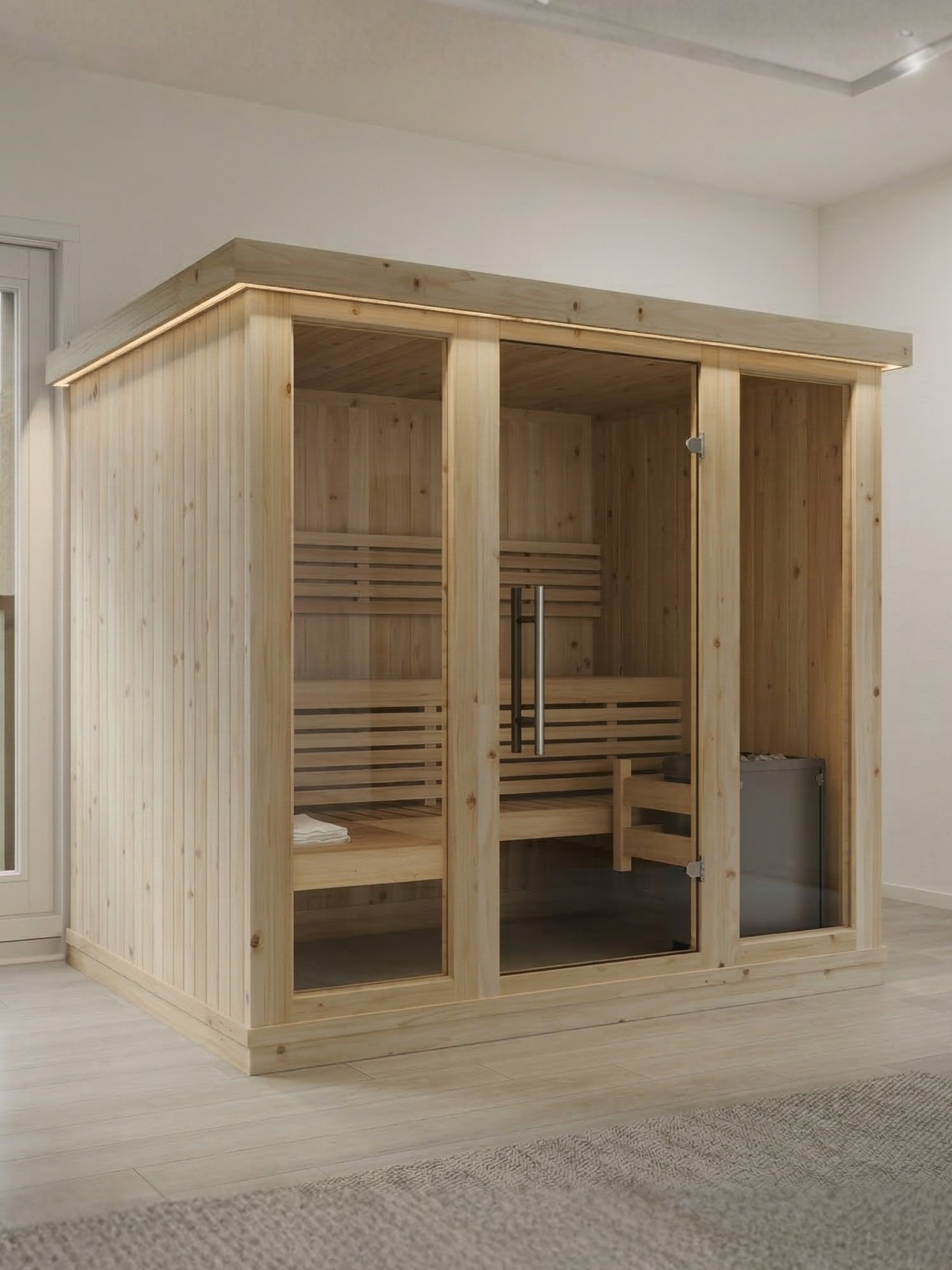 Wooden sauna in a room with light-colored walls and flooring.