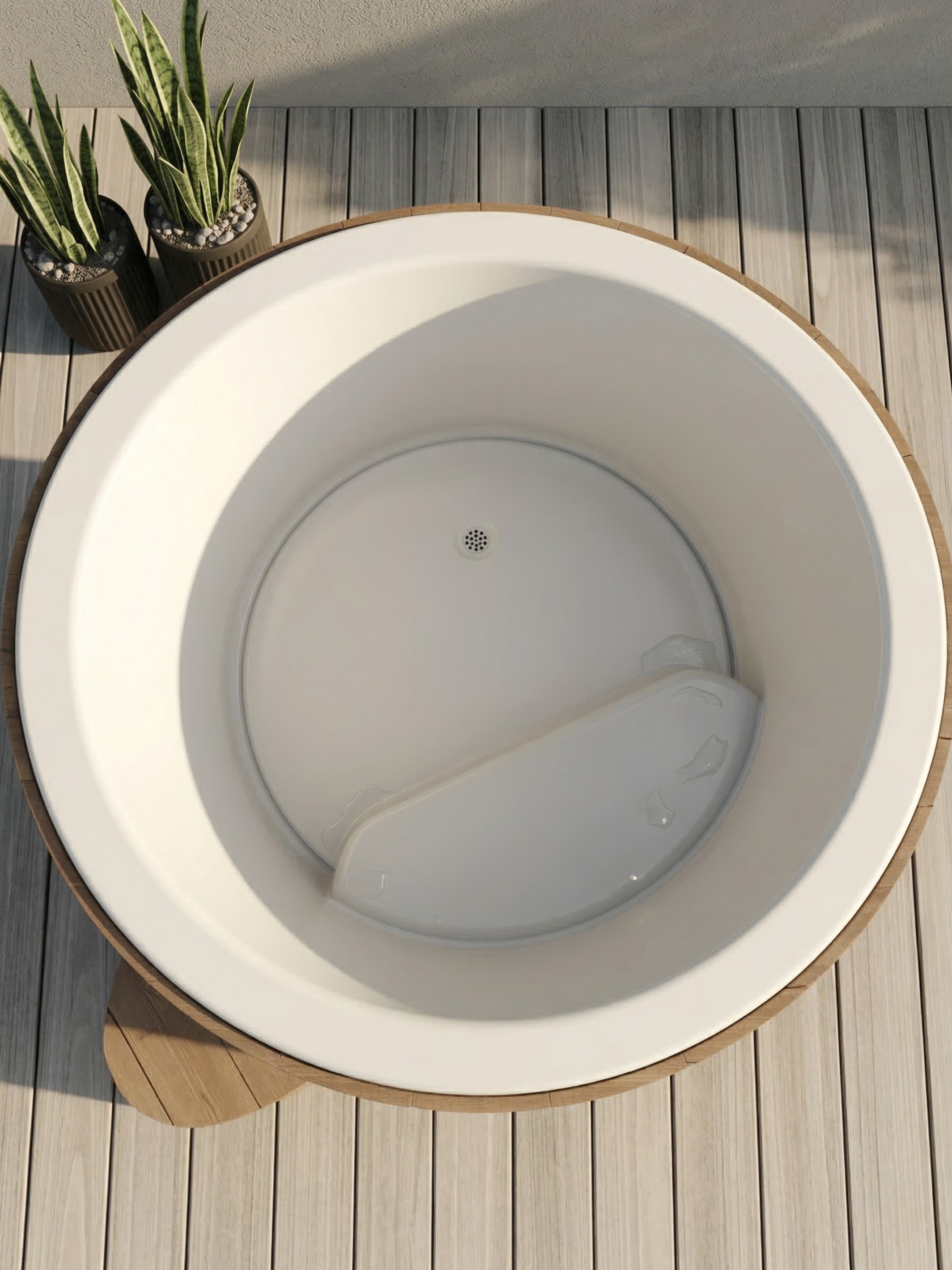 White round bathtub on a wooden deck with plants in the background