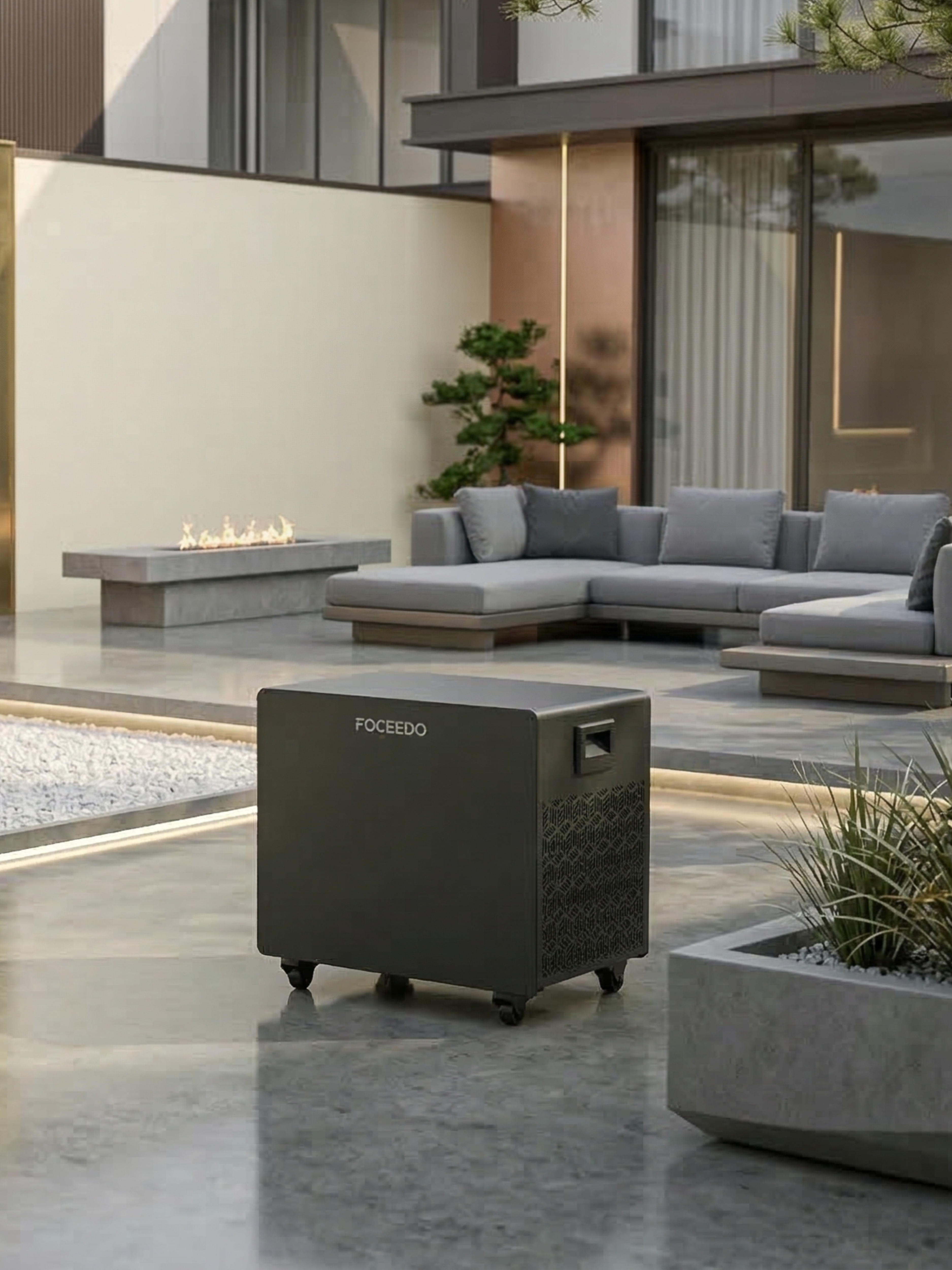 Outdoor patio with modern sofa set and FOCEDO outdoor speaker.