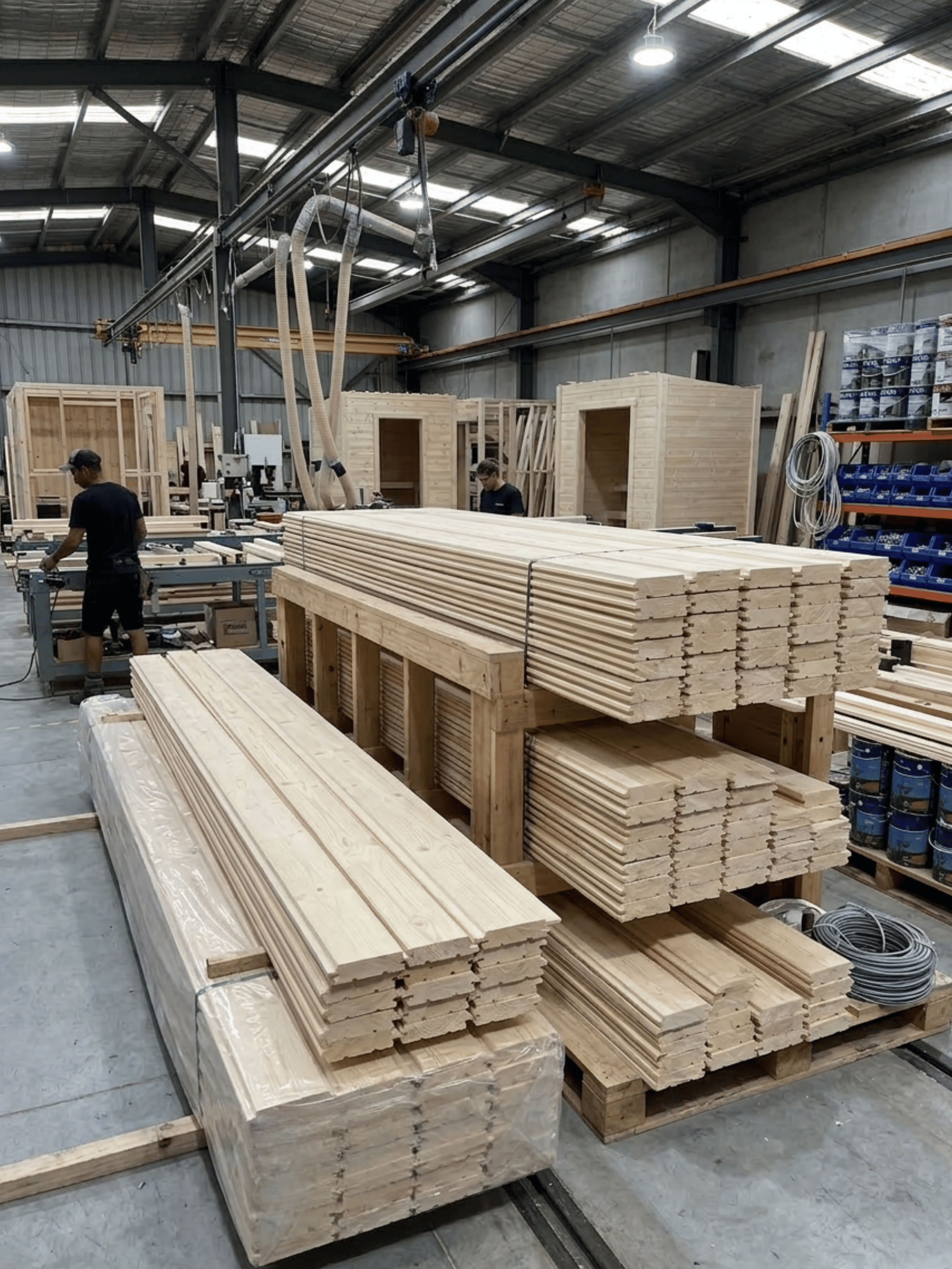Stacks of wooden planks on pallets in a warehouse with workers in the background.