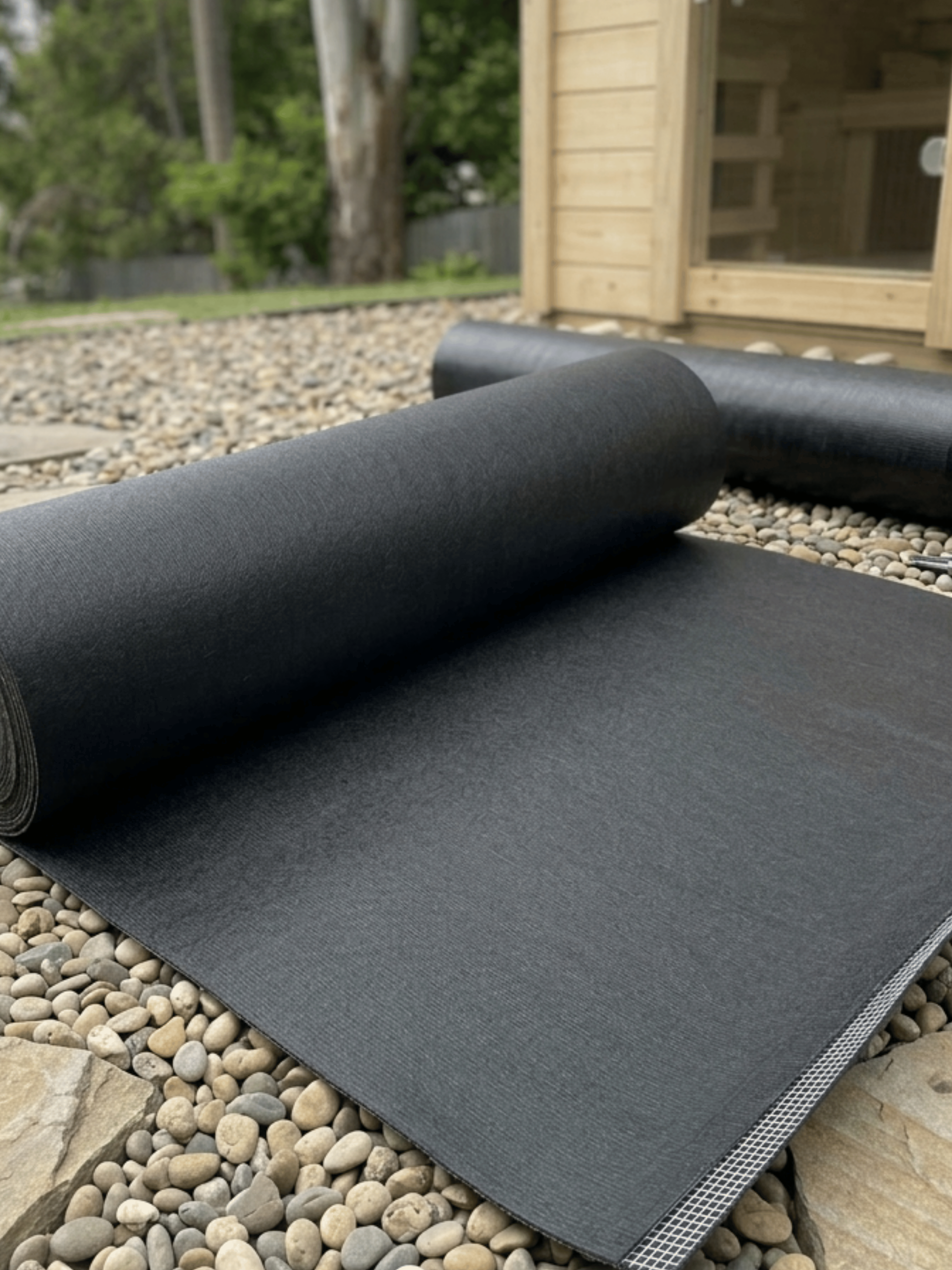 Roll of black matting on a pebbled surface with a wooden building in the background