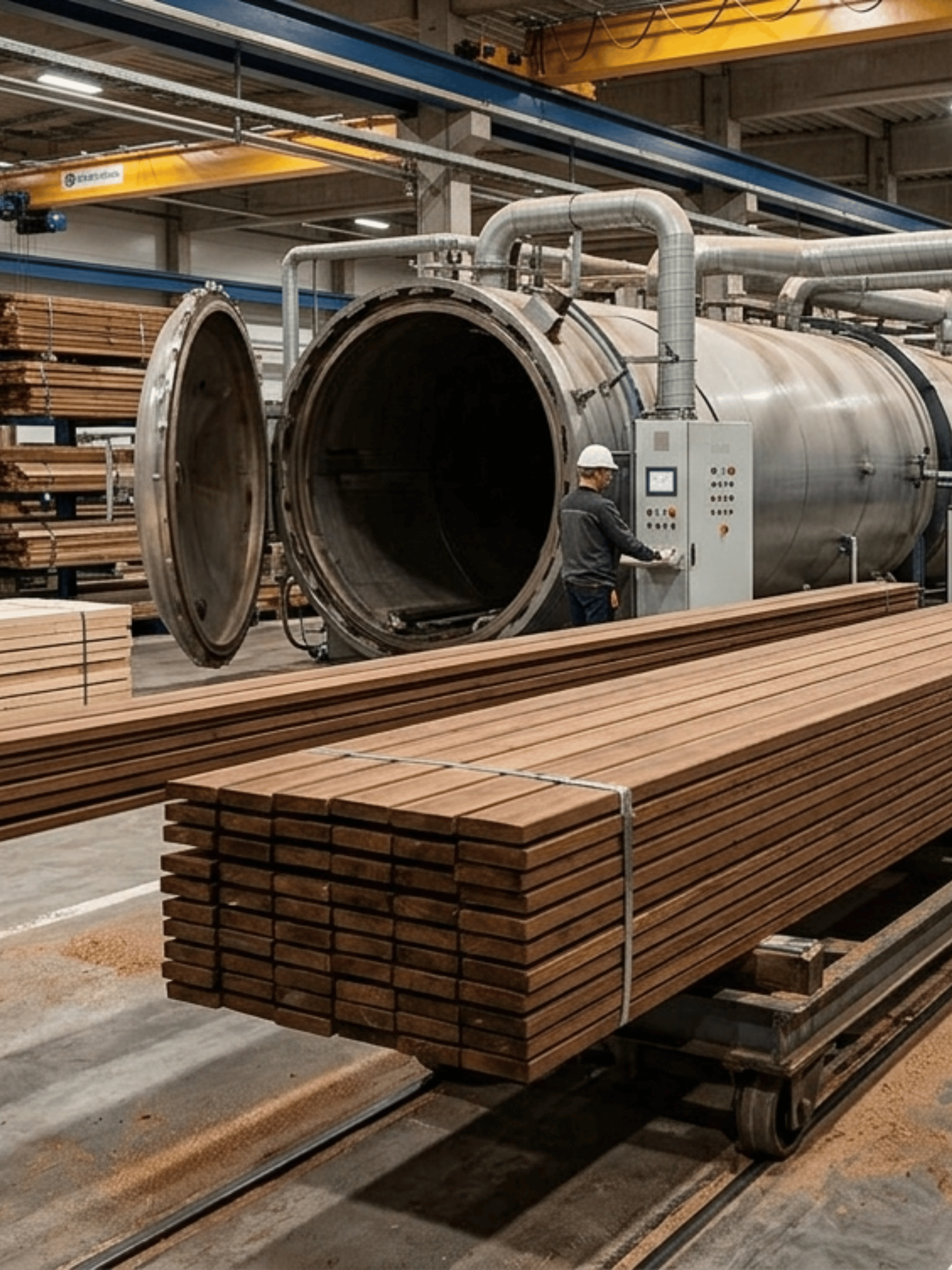 Wooden planks stacked near a large industrial machine in a warehouse setting.