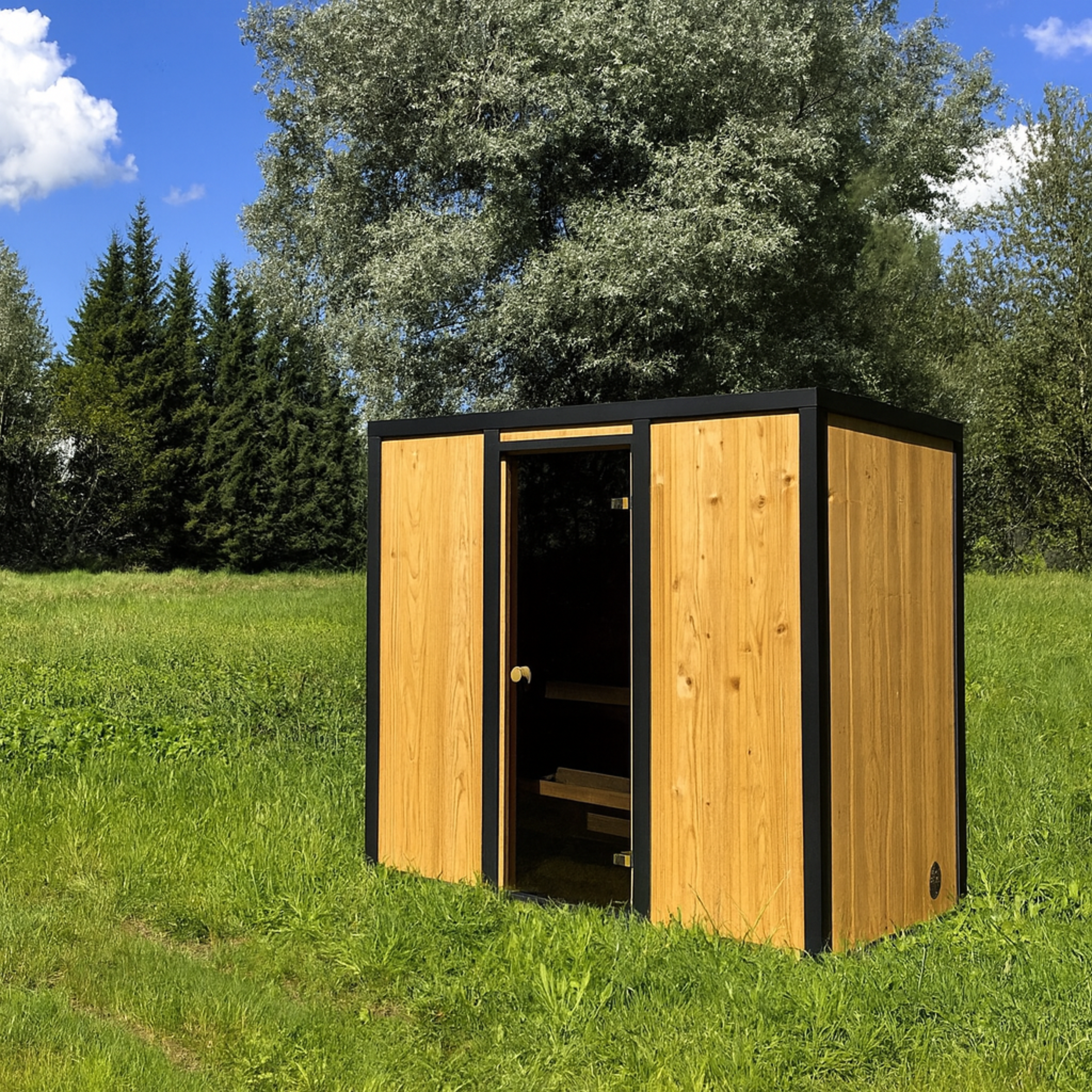 Wooden shed with black trim in a grassy area with trees