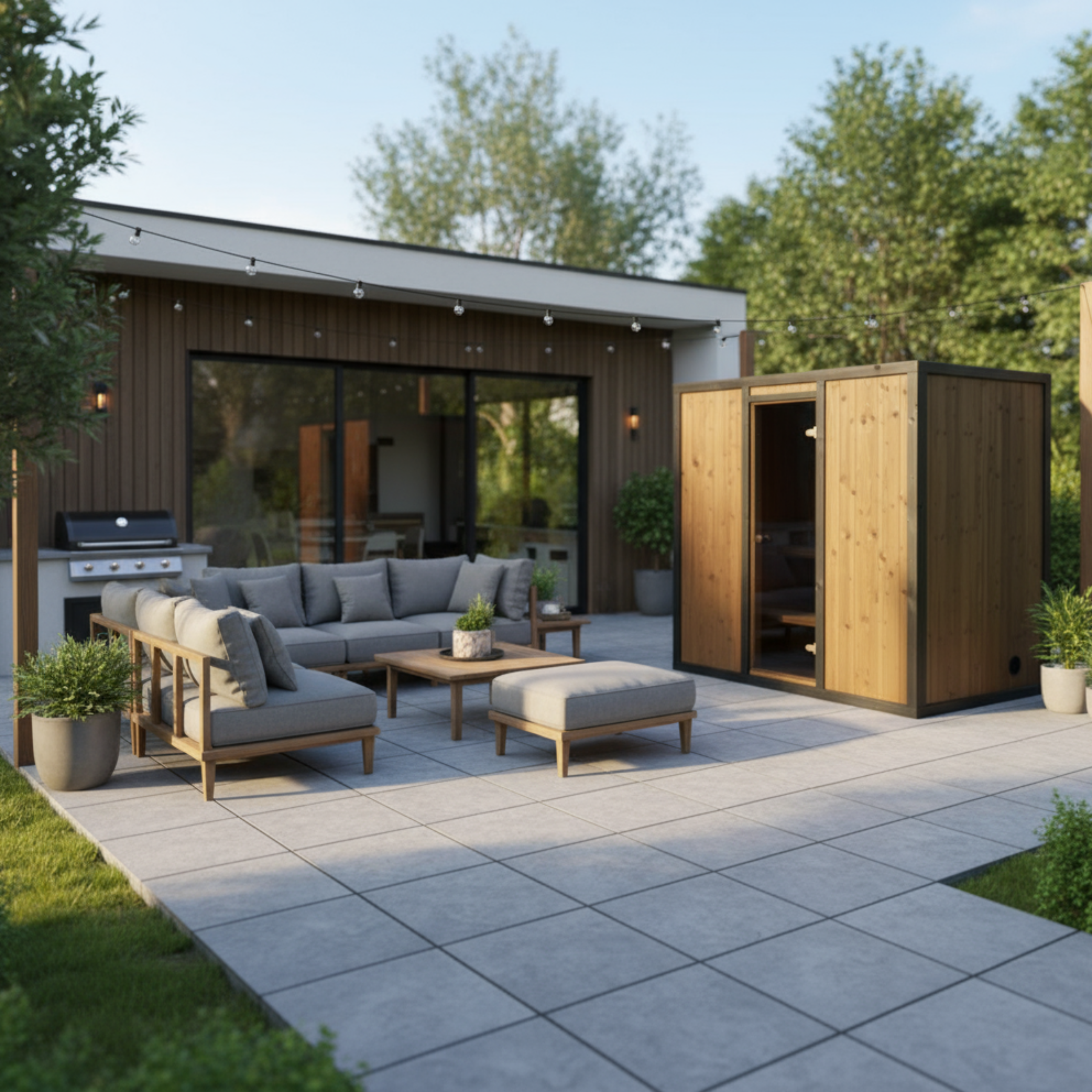 Outdoor patio area with modern furniture and a wooden shed.