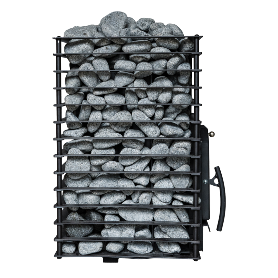 Black metal basket filled with gray stones on a white background, model 'Quattro'.