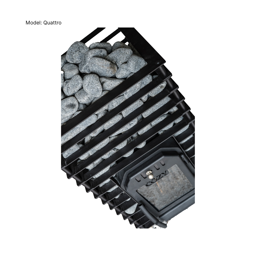 Black plastic container with stones labeled 'Model: Quattro' on a white background