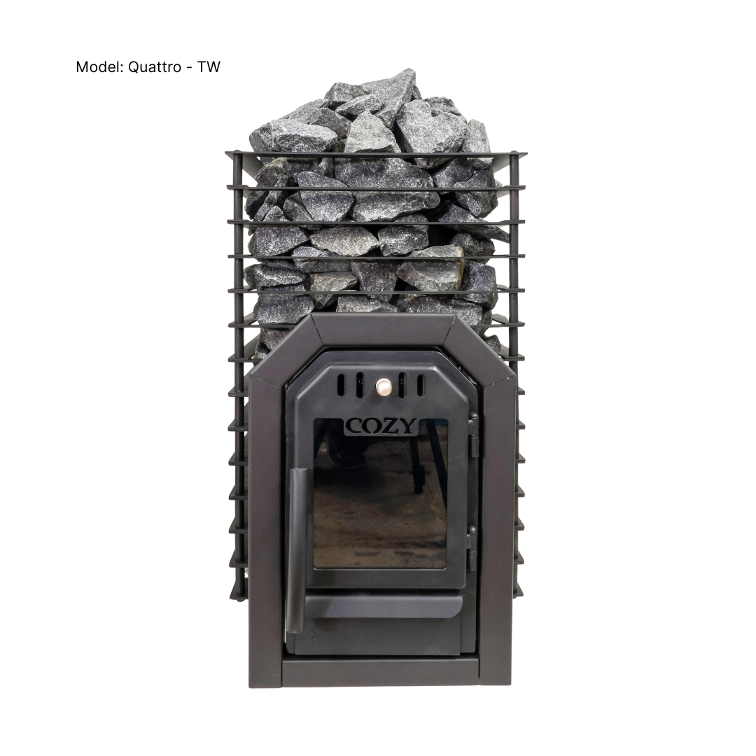 Black fireplace with stacked stones on a white background, featuring the brand 'Cozy'.