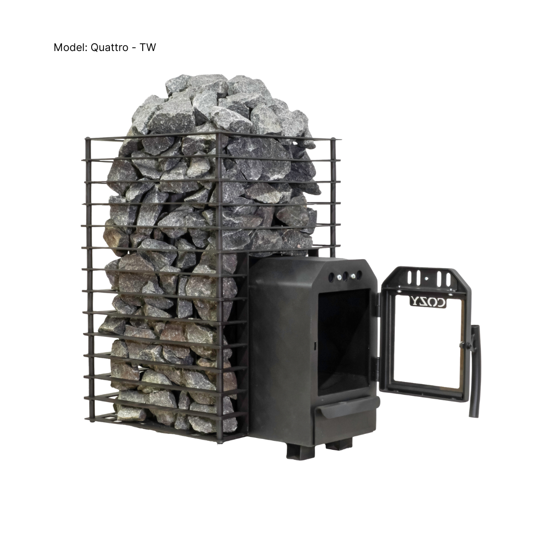 Black metal firewood storage rack with stacked stones on a white background