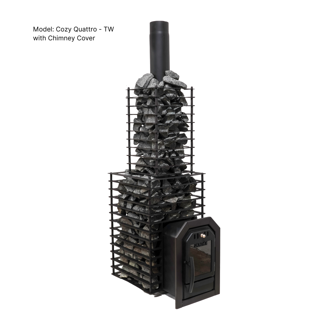 Wood storage rack with chimney cover labeled 'Cozy Quattro - TW' on a white background