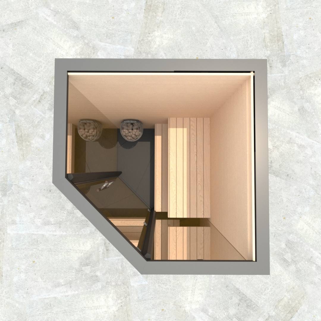 Top-down view of a compact sauna with light wood benches, a glass door, and two heaters filled with stones, set against a textured light gray background.