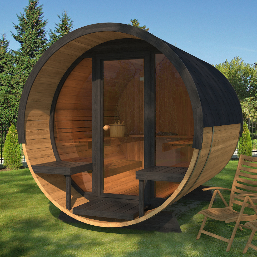 A spacious barrel sauna designed with a panoramic glass front wall, featuring a wooden interior and an outdoor terrace with benches.