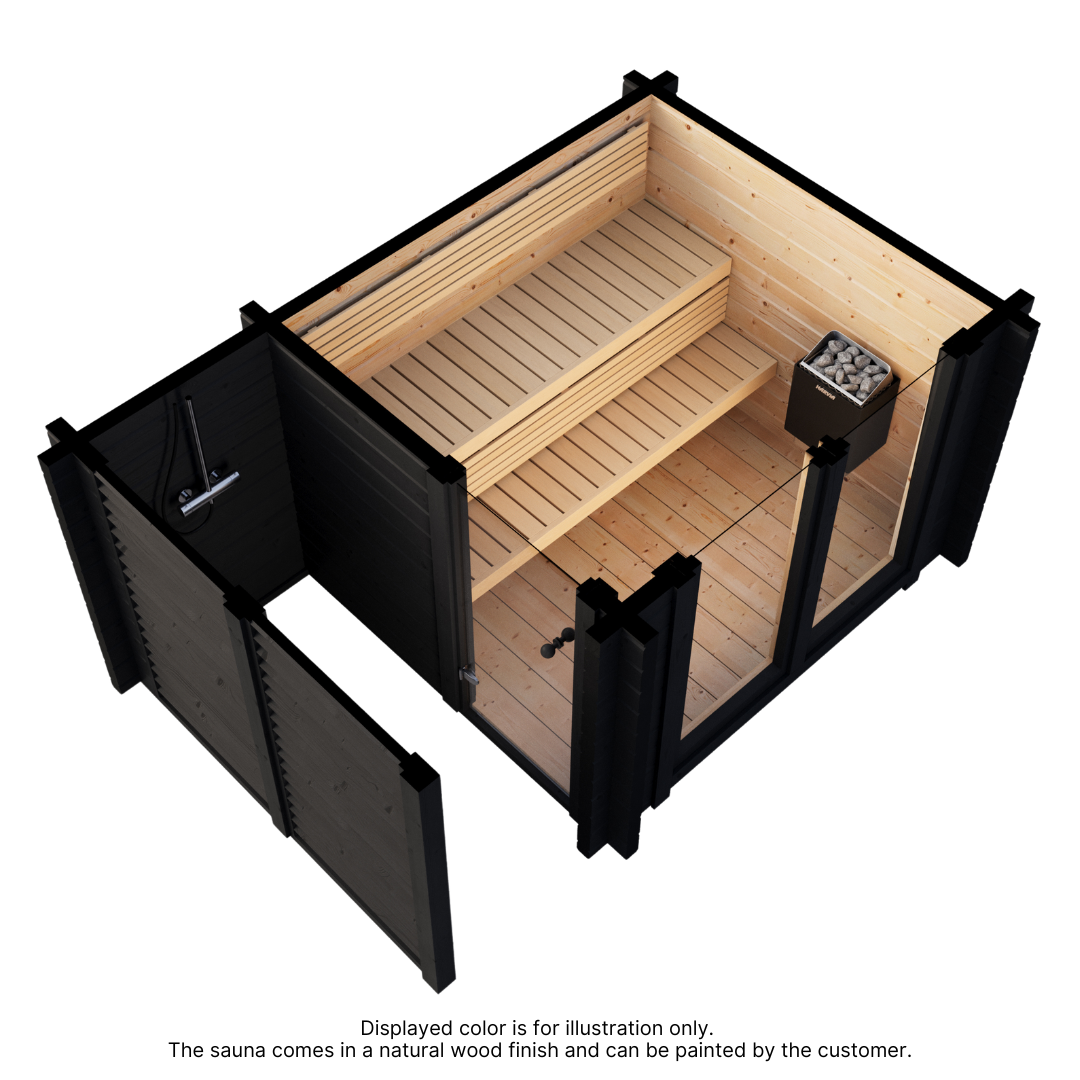 A compact, modern sauna with light wooden interiors, a bench along one side, a heater with stones on the corner, and a shower outside in a dark wood room.