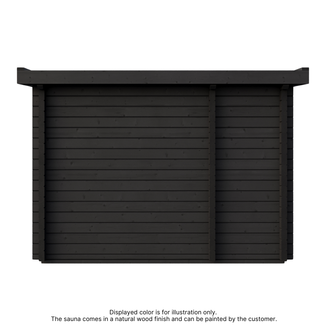 A dark wooden shed wall with horizontal planks and two vertical supports is set against a black background, conveying a minimalist, rustic tone.