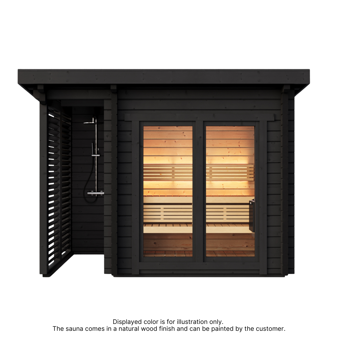 Compact black wooden sauna with glass doors, showcasing warm interior lighting and wooden benches inside. An outdoor shower is visible to the left.