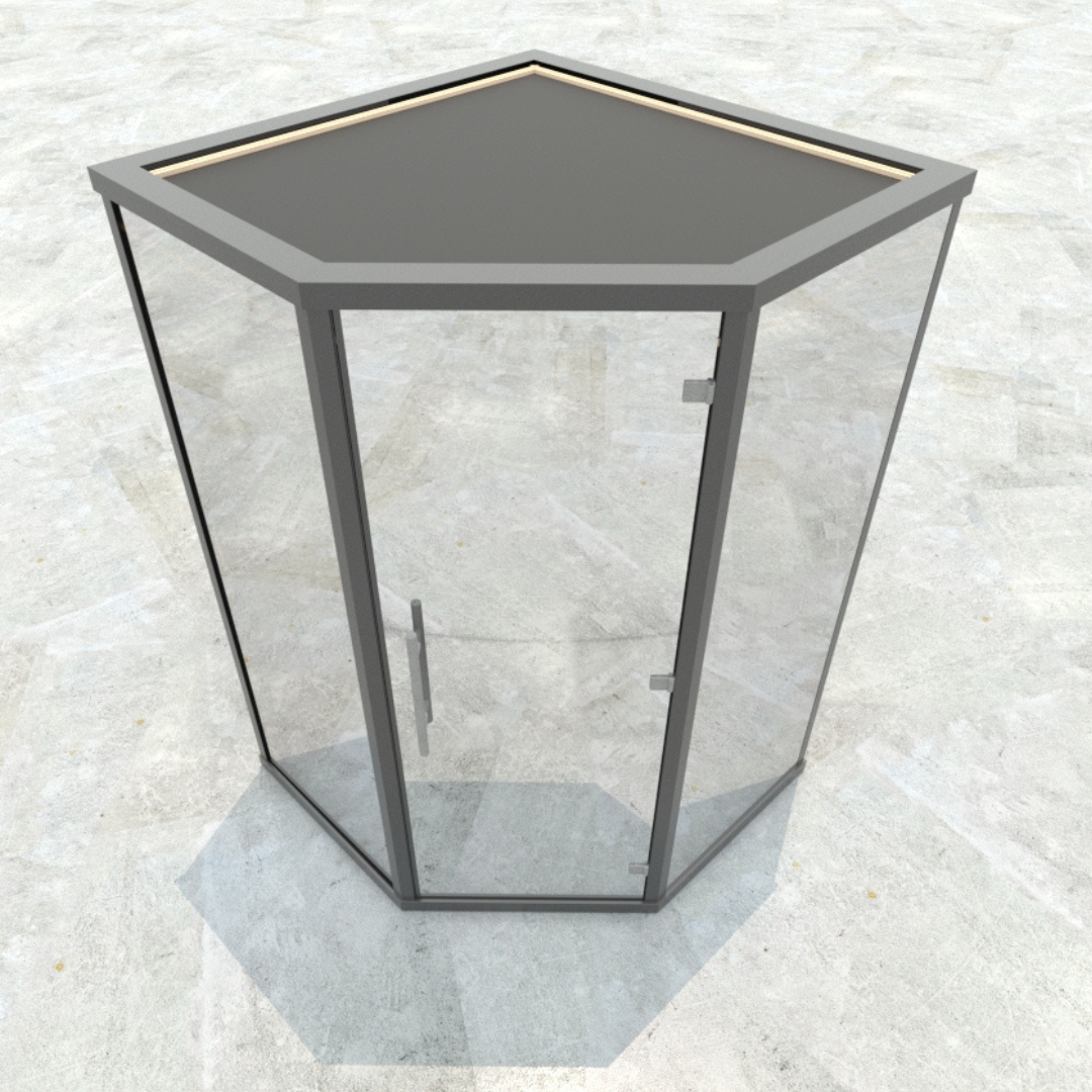 A pentagon-shaped glass and metal display case on a light grey tile floor, viewed from above. The modern design is sleek and minimalistic.