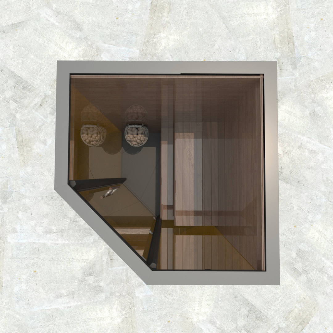 Top-down view of a modern sauna with wooden benches and a corner heater. Two buckets filled with sauna stones are visible. The design is minimalistic.