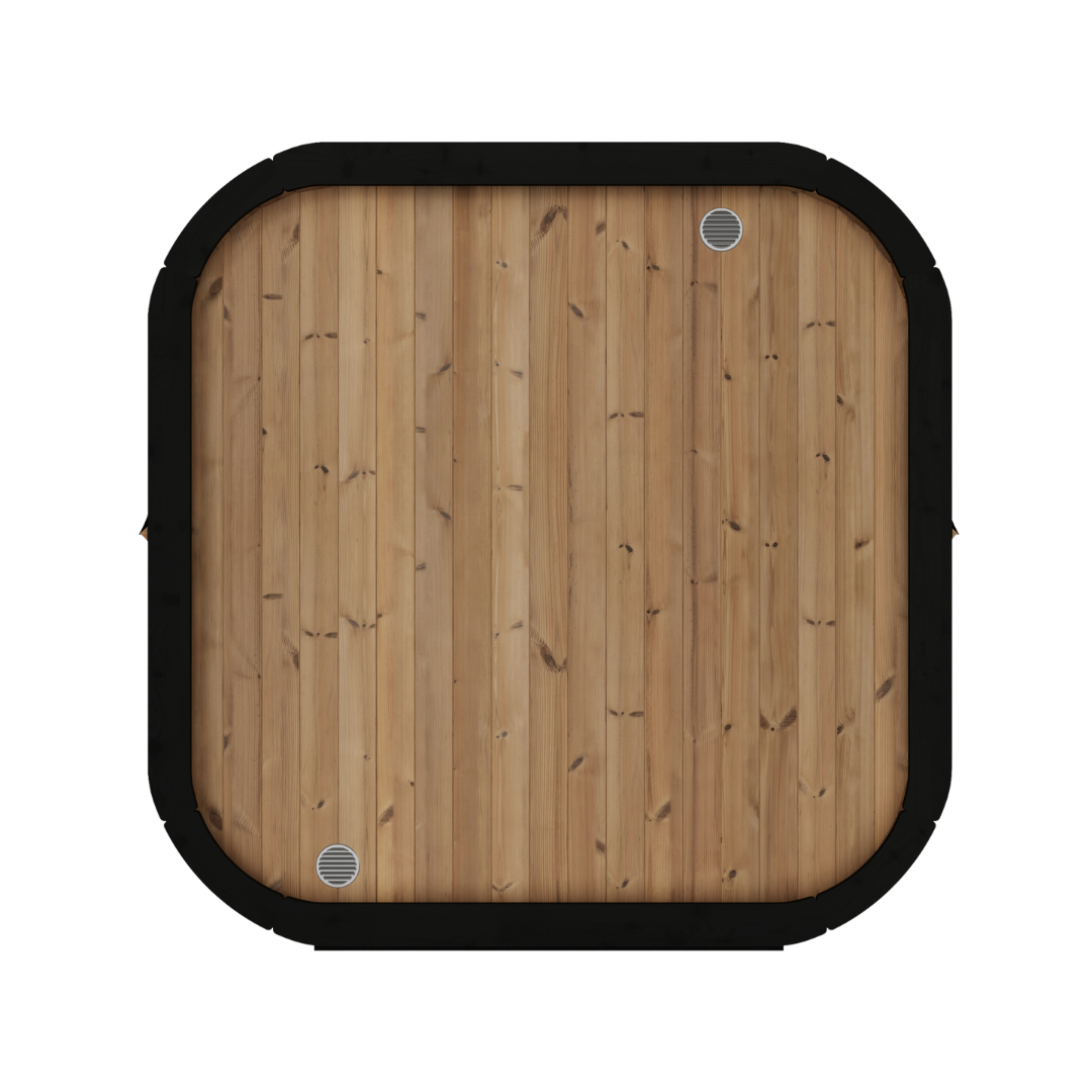 Square wooden board with rounded corners and a black frame, featuring two metal circular grates. The wood texture adds a rustic feel.