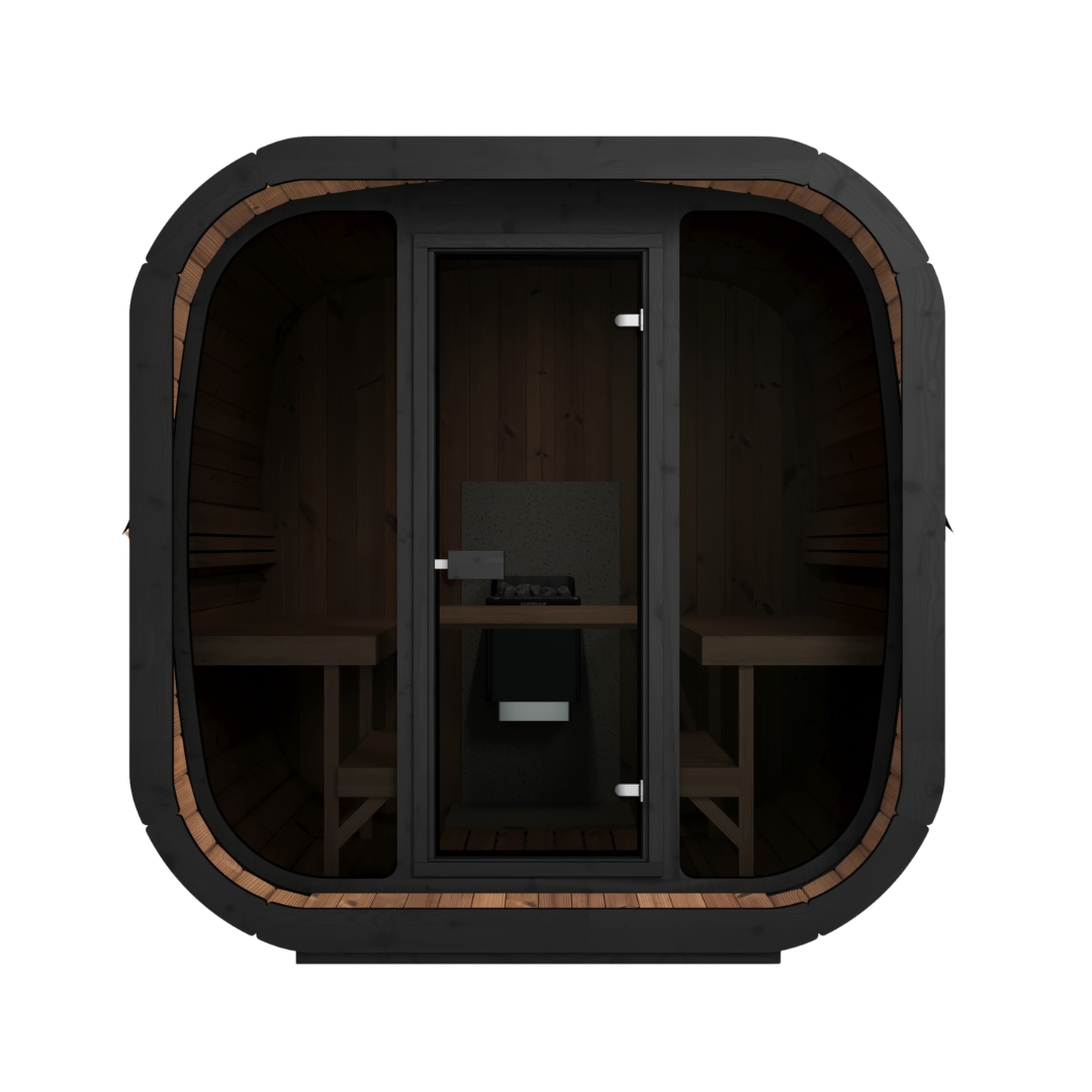 Modern black wooden sauna with a glass door, two benches inside, and a small heater. The cozy, minimalist interior exudes warmth and relaxation.