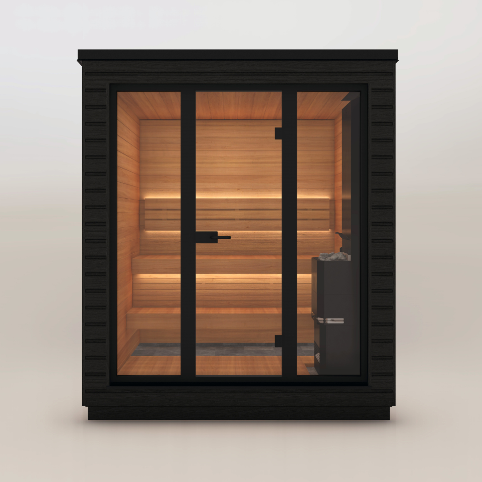 Wooden sauna with black frame and glass door on a white background