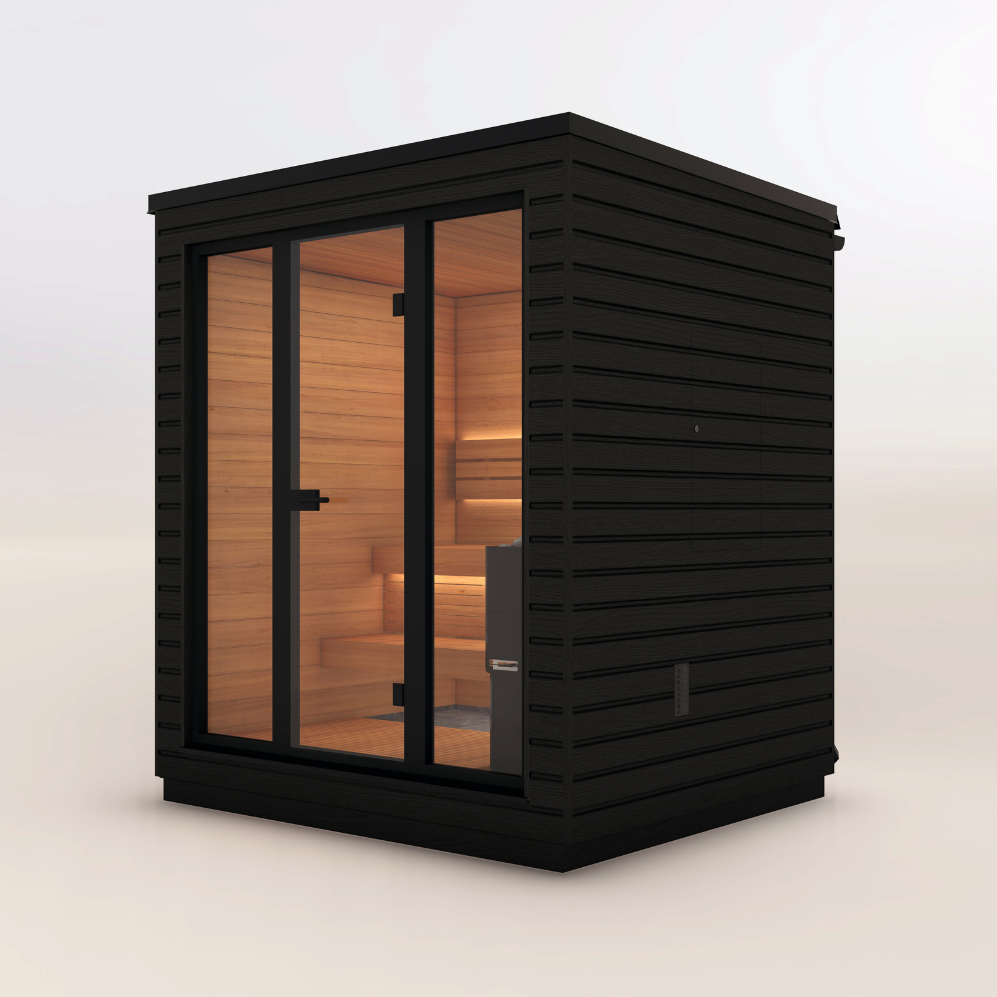 Black outdoor sauna with glass door on a light beige background