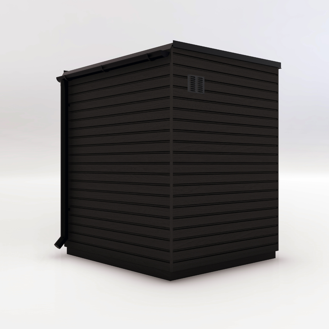 A dark, modern shed with horizontal siding and a rain gutter against a light background, conveying a sleek and minimalist design.