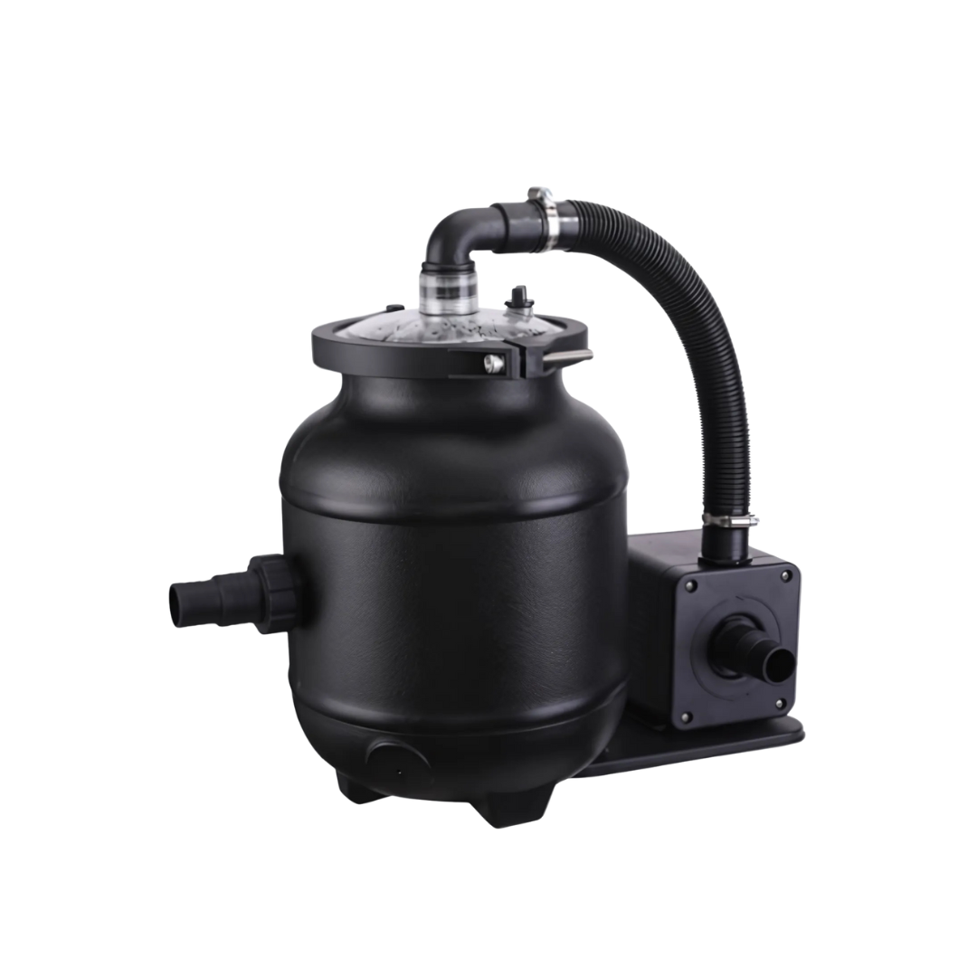 Black pool filter pump with hoses on a white background