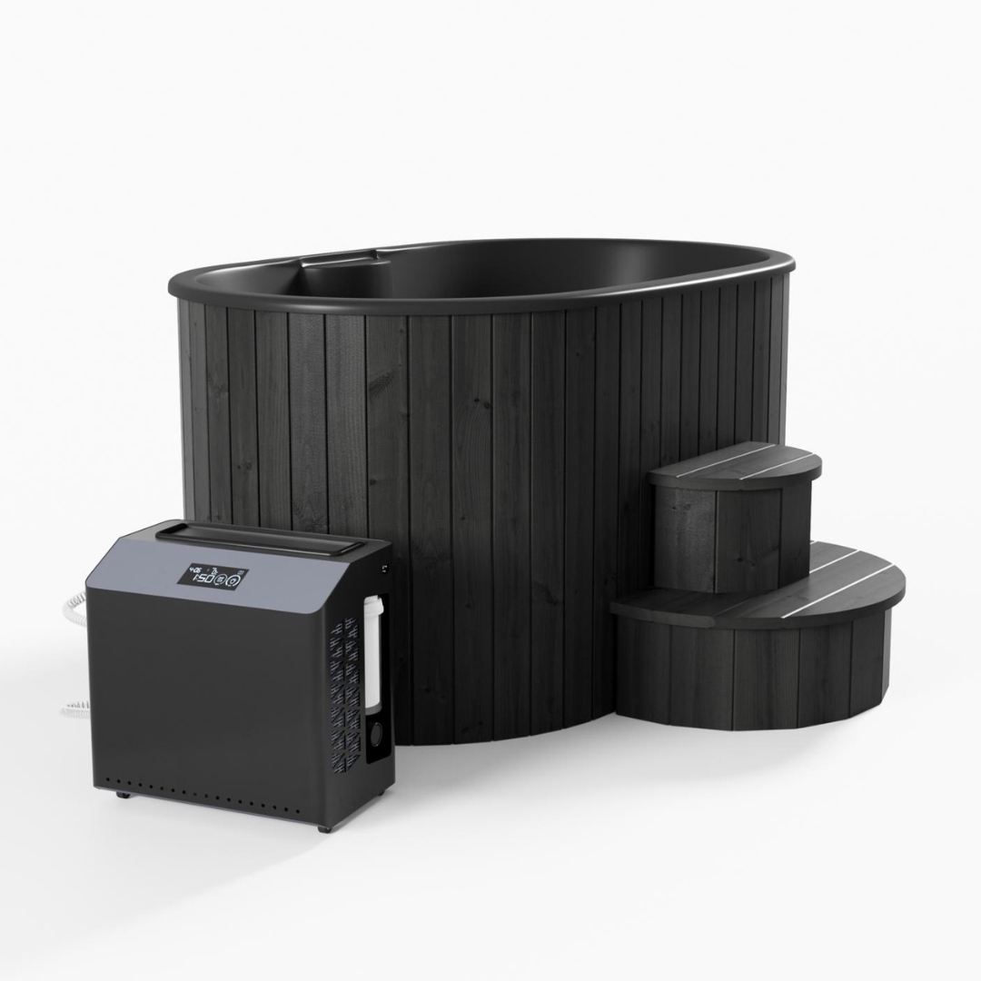 An outdoor wooden ice bath tub with ergonomic seats, situated on a deck with a scenic view of nature in the background. Includes insulated cover and wooden steps.