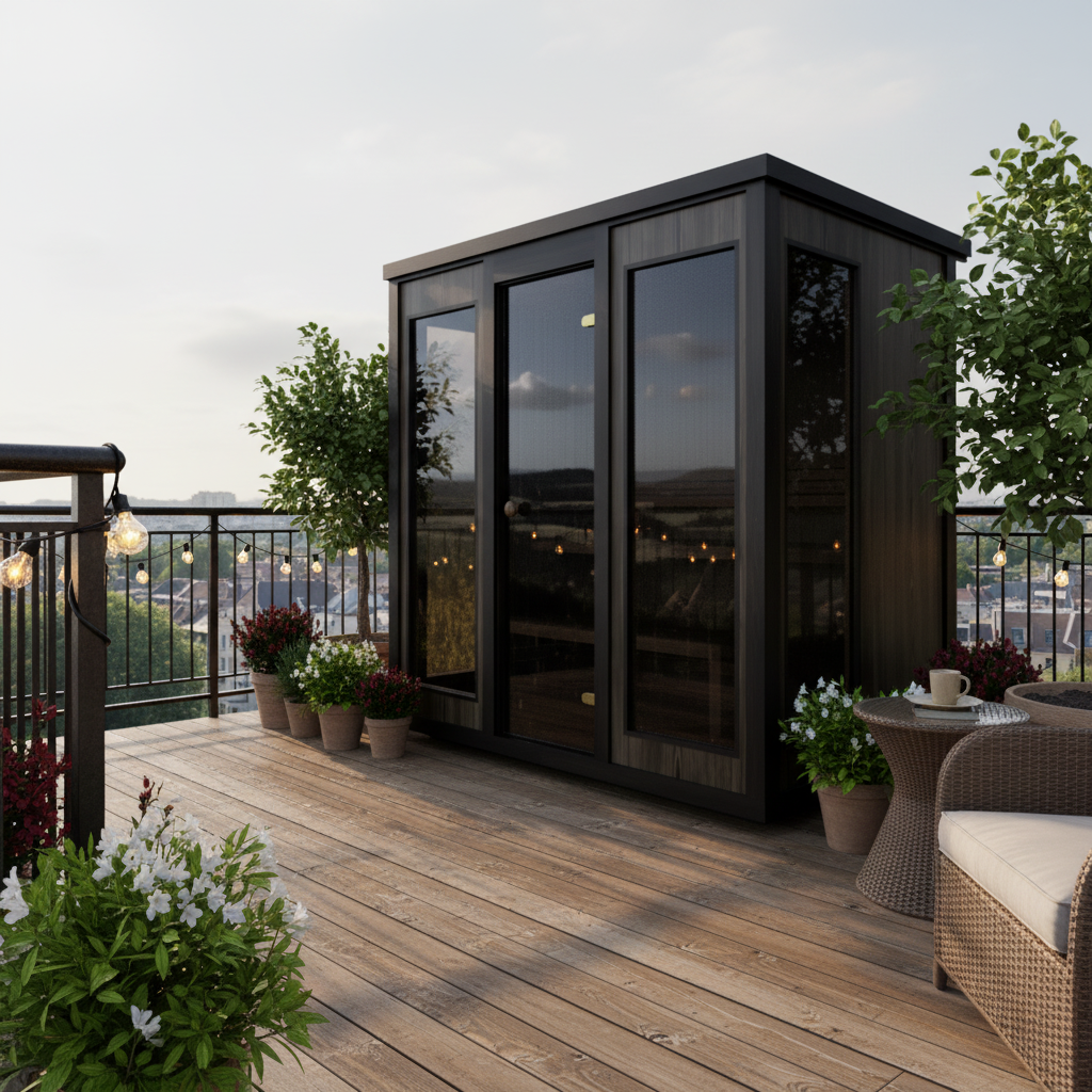 Modern outdoor office with glass walls on a wooden deck, surrounded by plants and furniture.