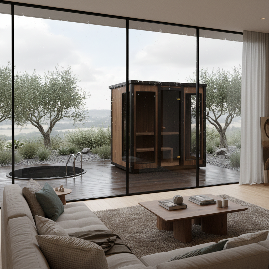 Modern living room with a view of a spa and nature outside