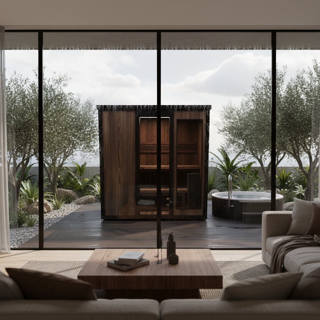 Modern living room with a view of a hot tub and outdoor area.