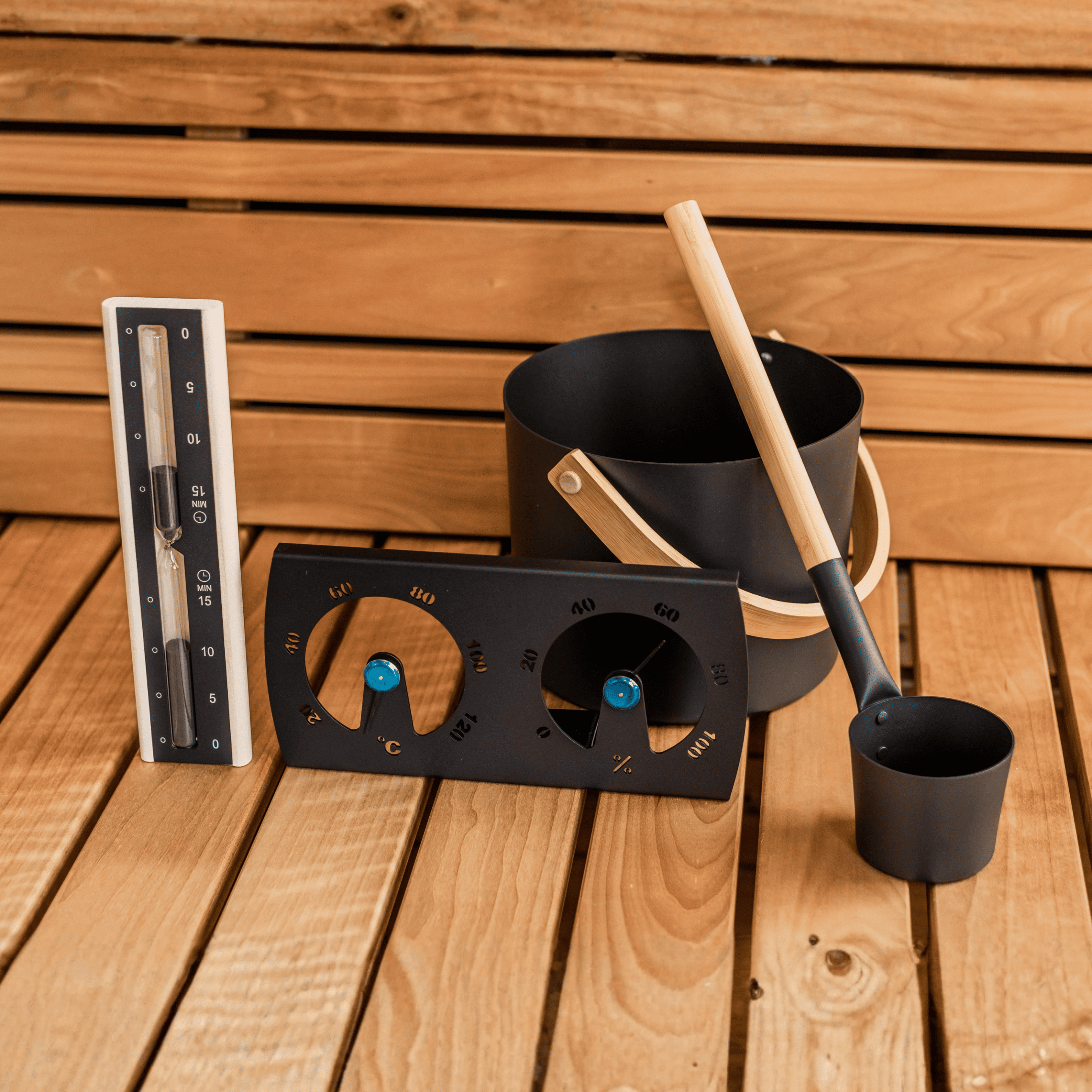 Sauna Accessory Set | Bucket, Ladle, Thermo-Hygrometer & Timer