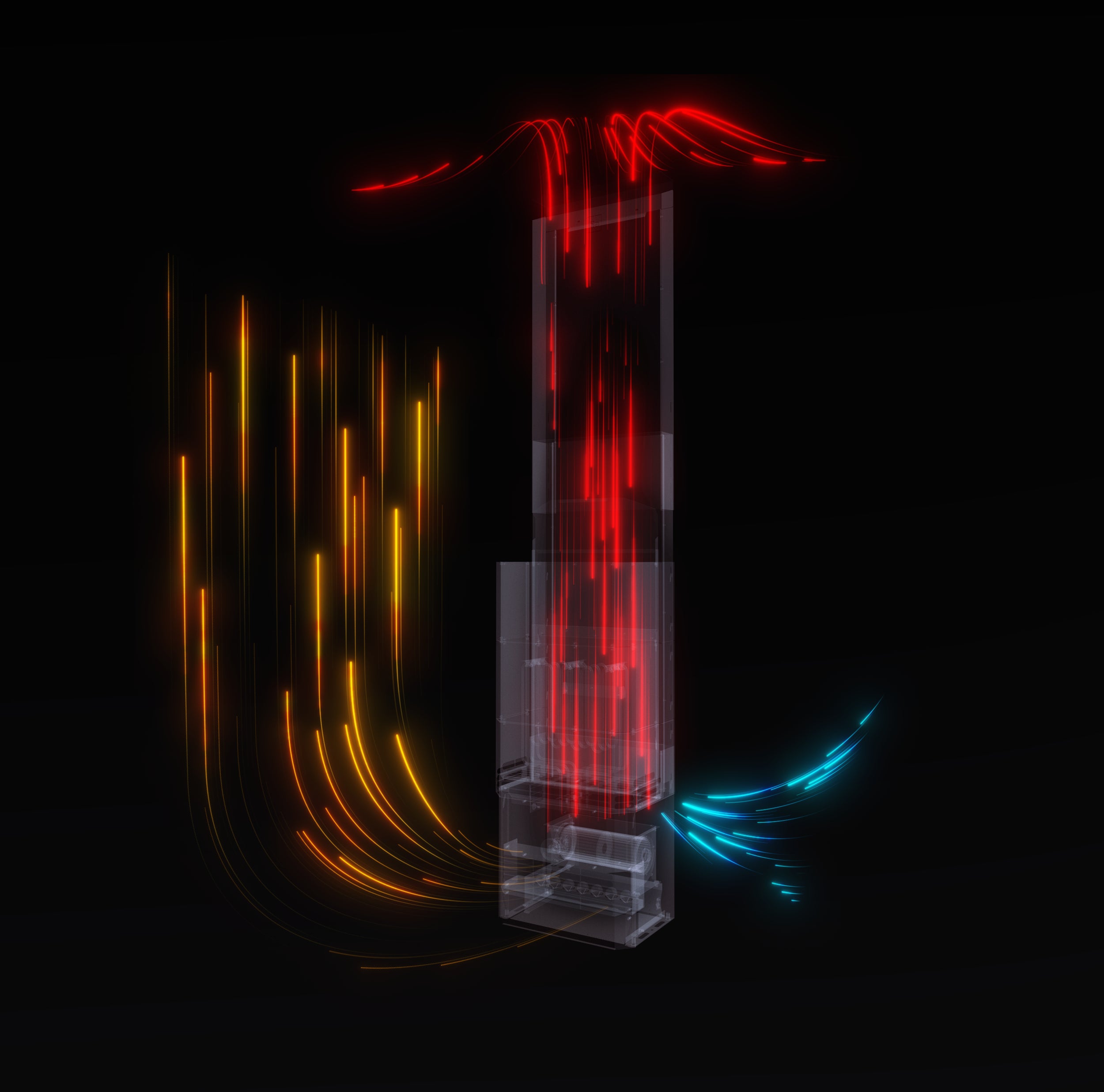 Neon letter 'U' with red, orange, and blue lights on a black background