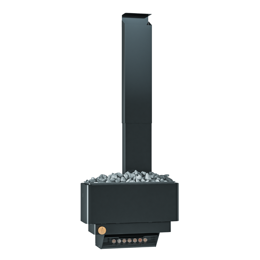 Black outdoor fire pit with decorative stones on a white background