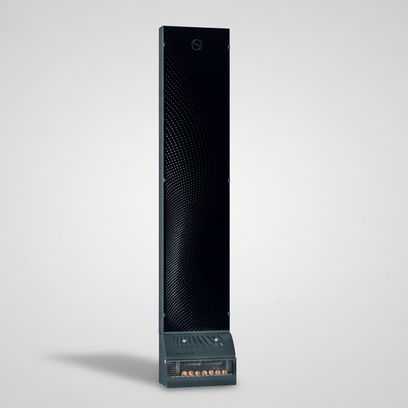 Tall black electronic device with textured surface on a light gray background