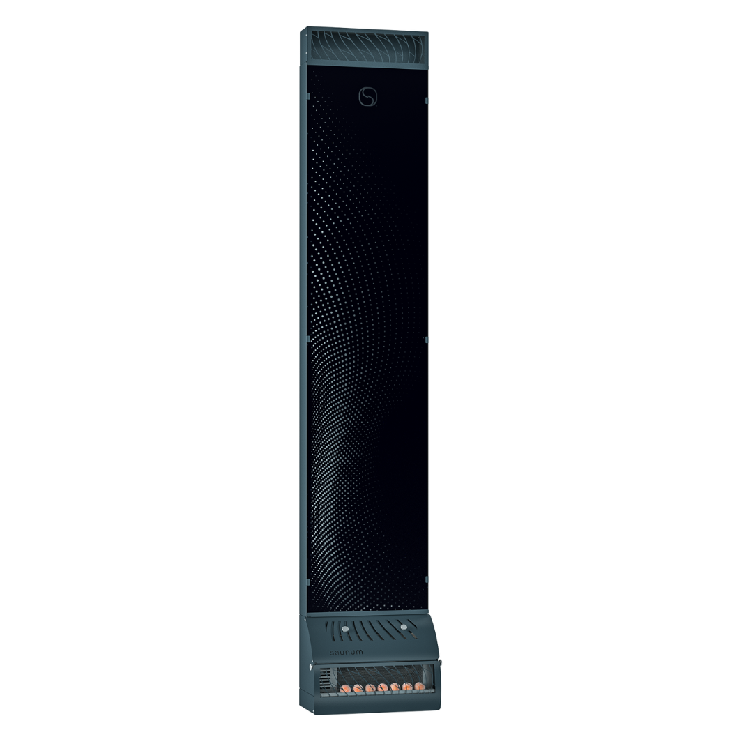 Tall, sleek, dark tower speaker against a black background, featuring dotted patterns on the front, and a modern, minimalist design.