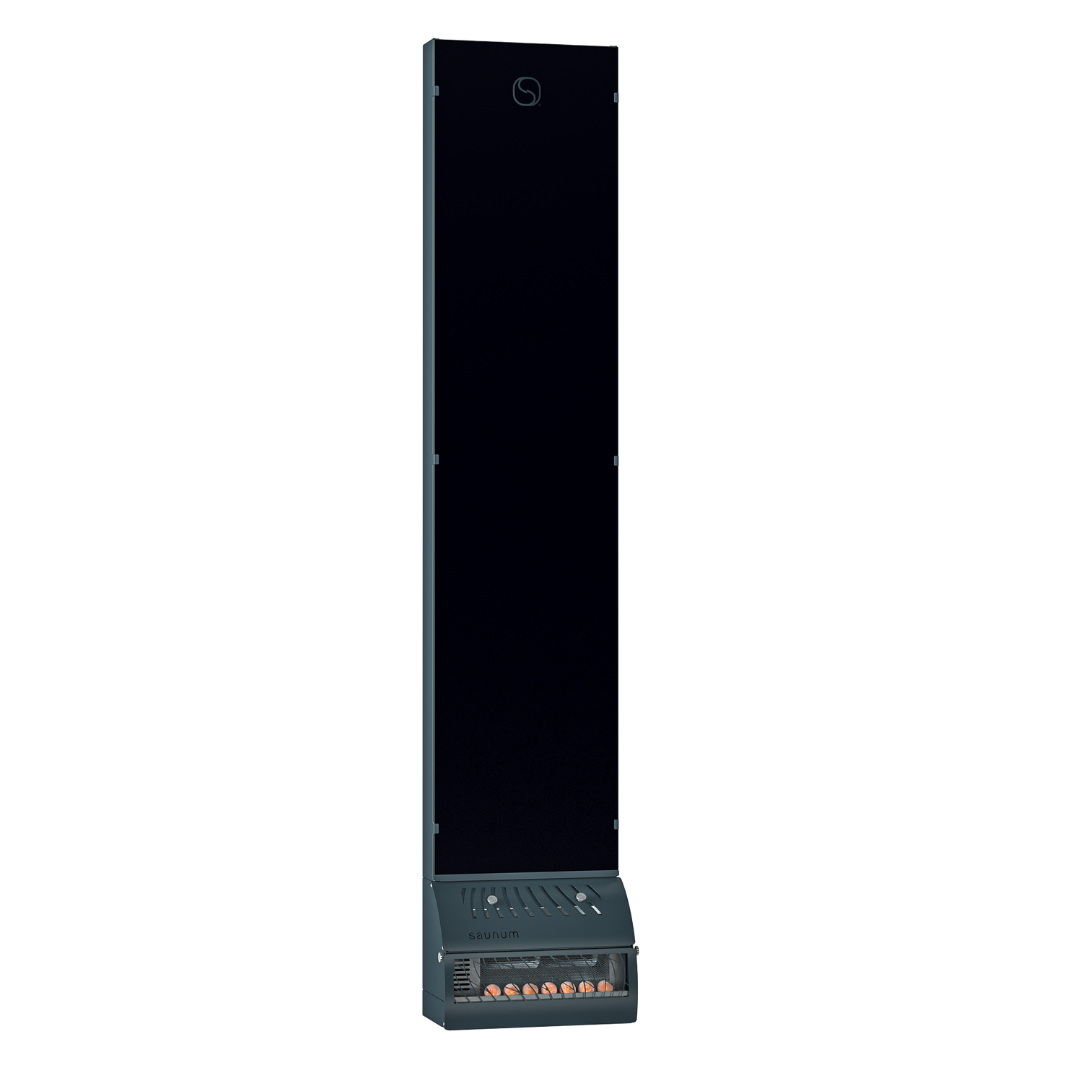 Tall, sleek, dark tower speaker against a black background, featuring dotted patterns on the front, and a modern, minimalist design.